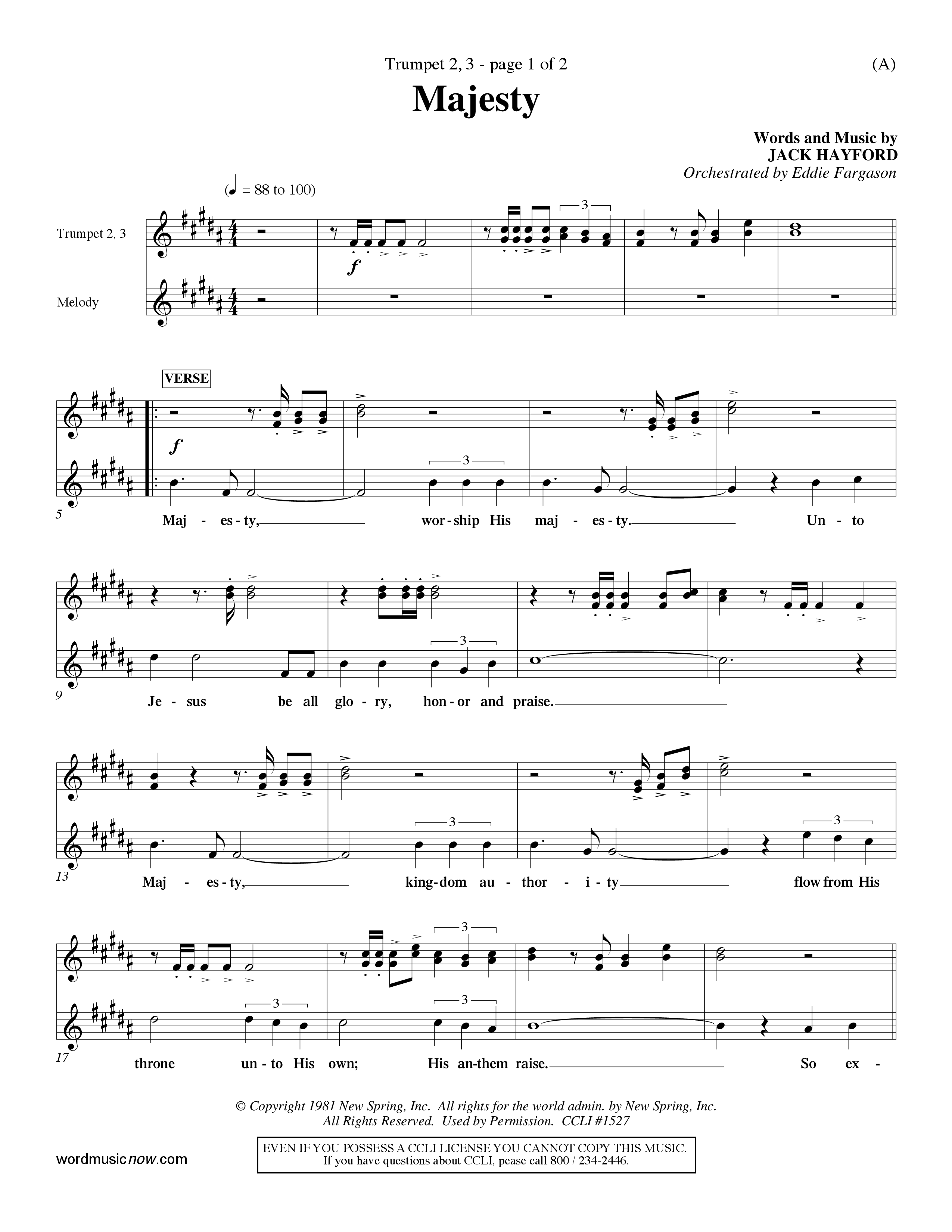 Majesty (Choral Anthem SATB) Trumpet 2/3 (Word Music Choral / Orch. Eddie Fargason)