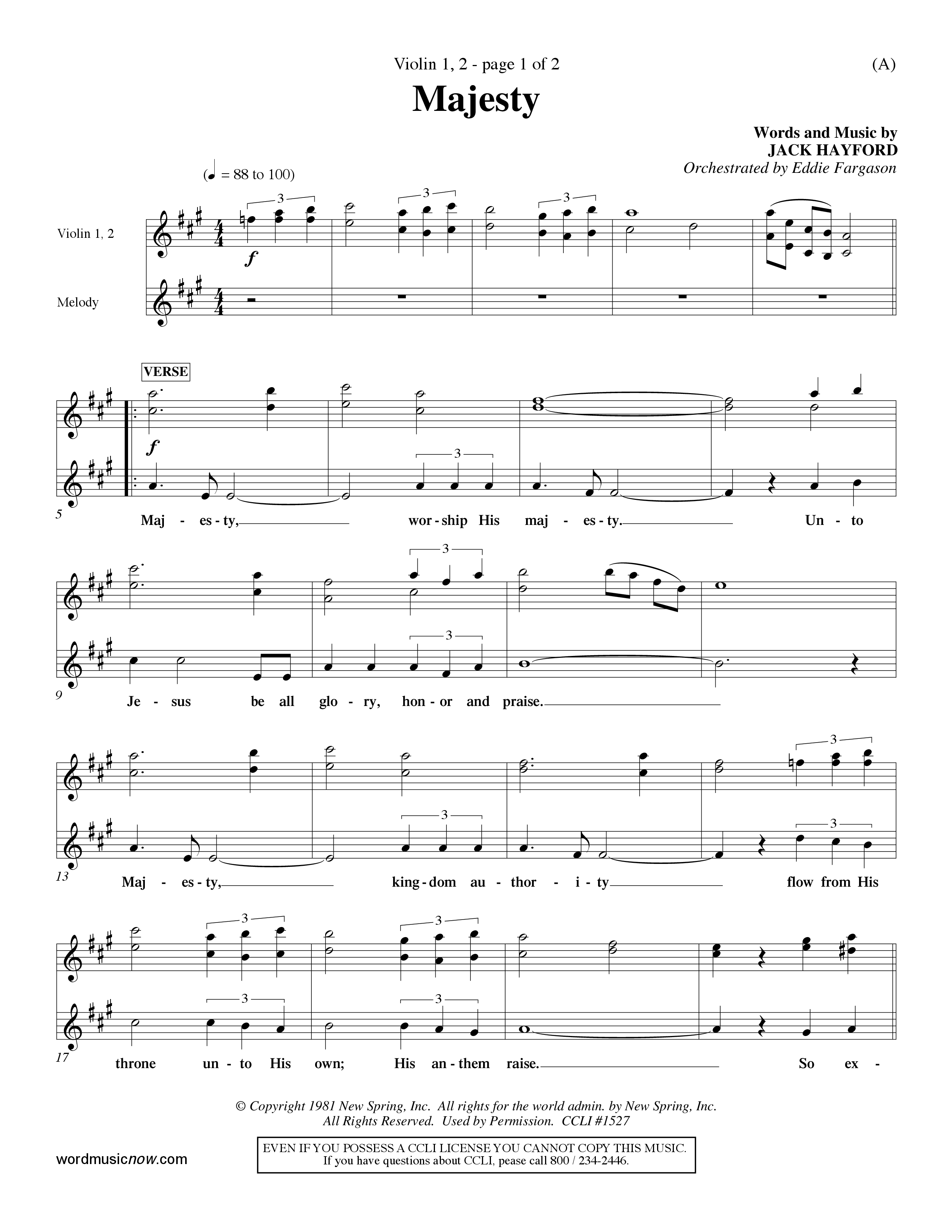 Majesty (Choral Anthem SATB) Violin 1/2 (Word Music Choral / Orch. Eddie Fargason)