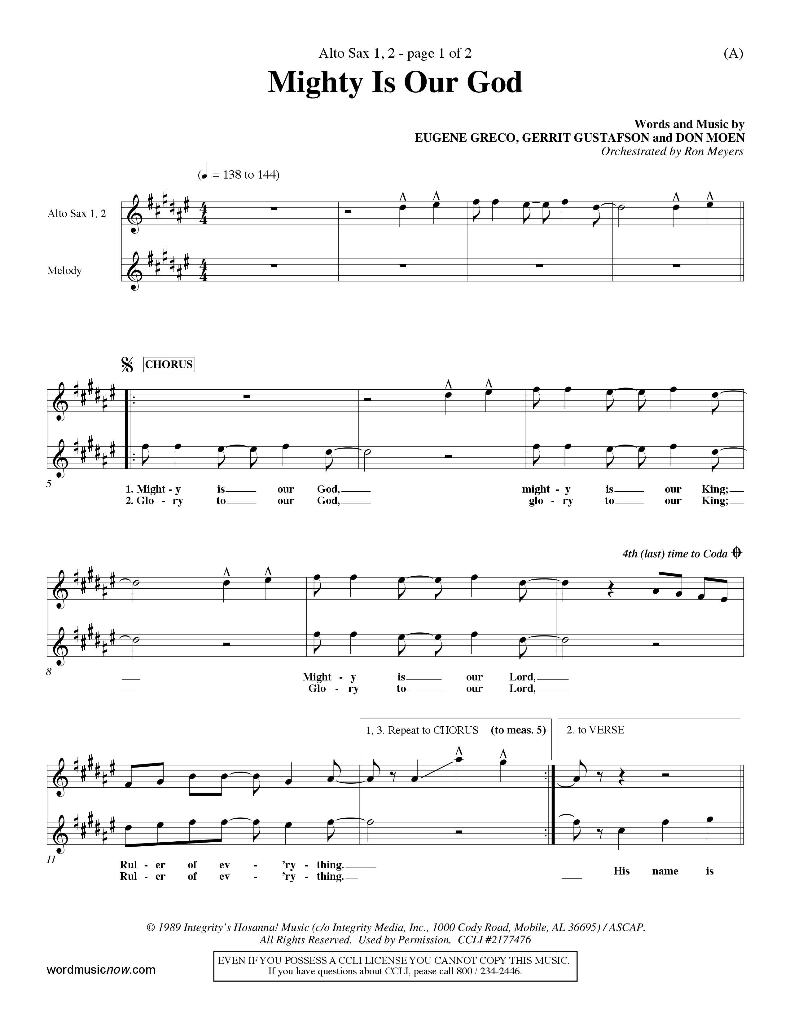 Mighty Is Our God (Choral Anthem SATB) Alto Sax 1/2 (Word Music Choral / Orch. Ron Meyers)