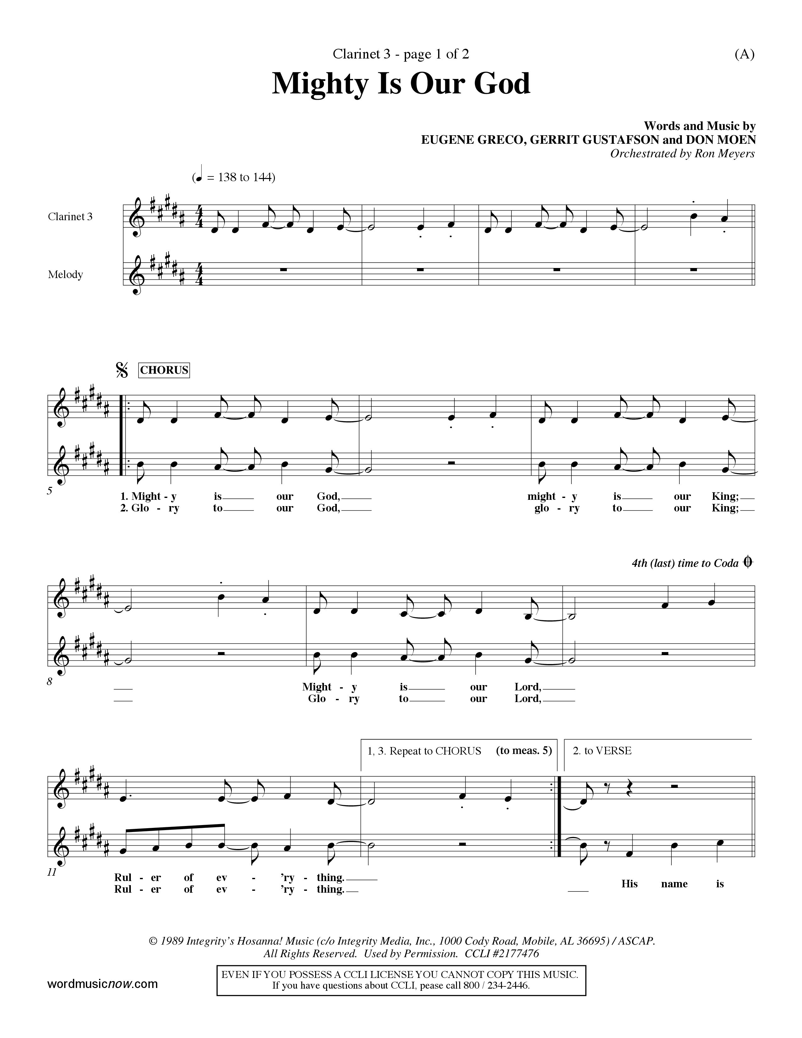 Mighty Is Our God (Choral Anthem SATB) Clarinet 3 (Word Music Choral / Orch. Ron Meyers)