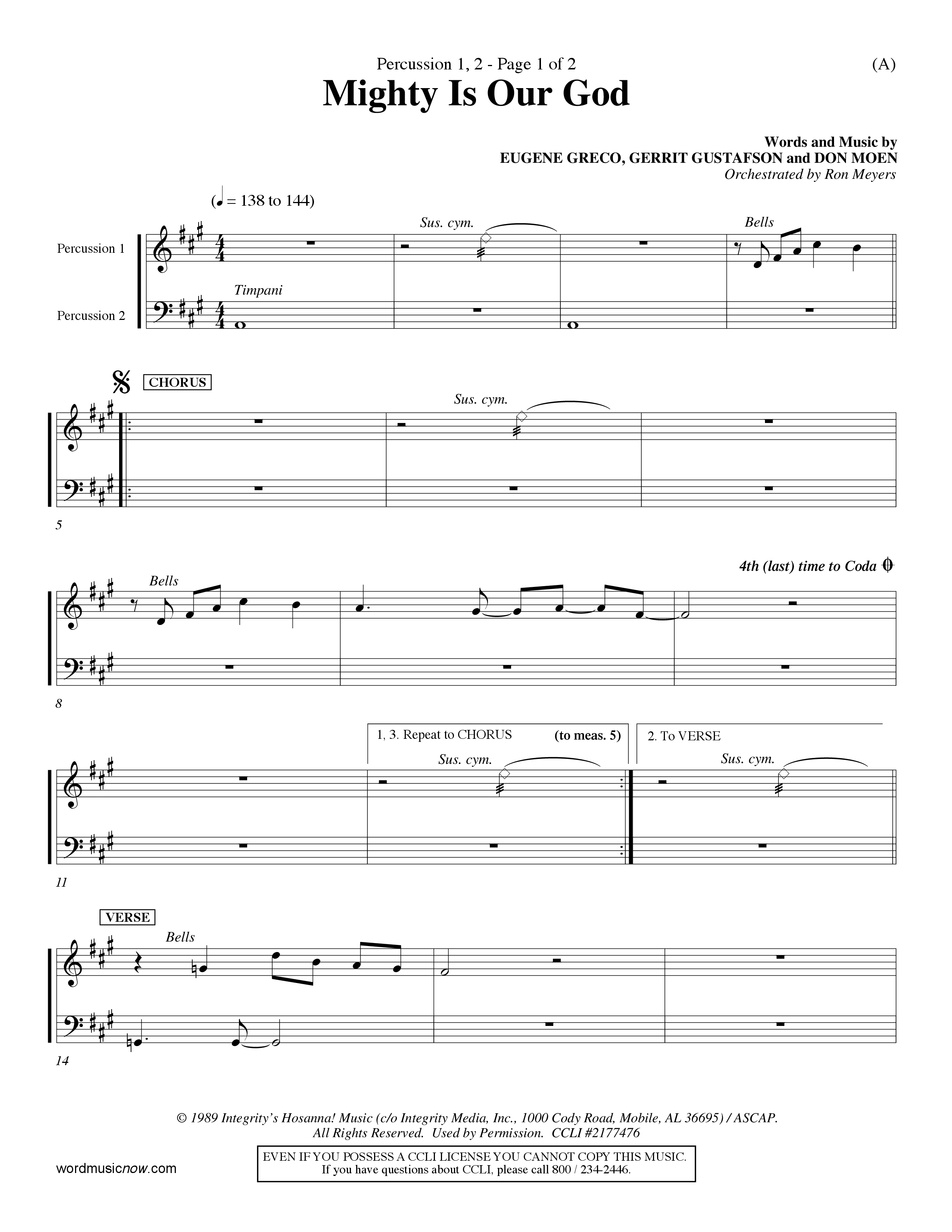 Mighty Is Our God (Choral Anthem SATB) Percussion 1/2 (Word Music Choral / Orch. Ron Meyers)