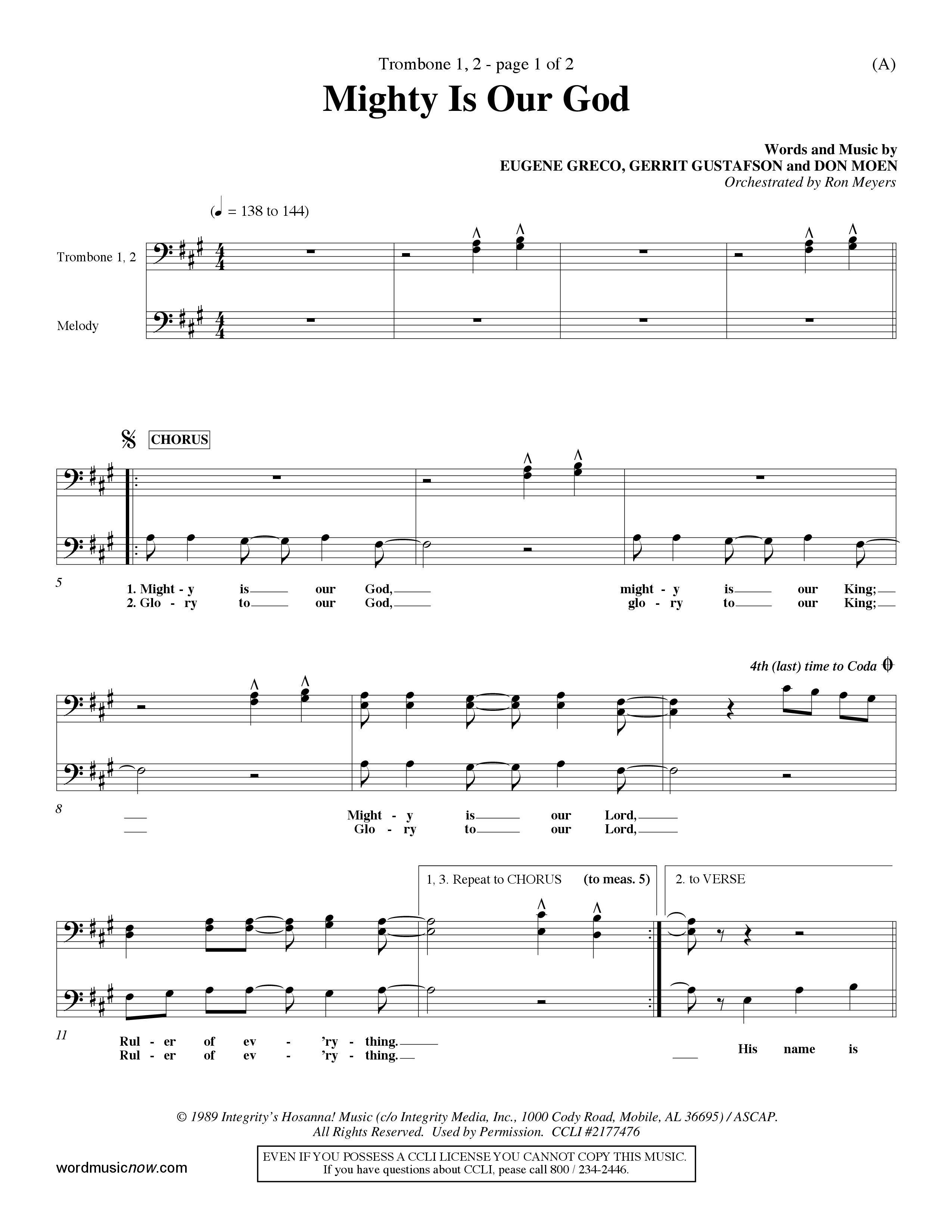 Mighty Is Our God (Choral Anthem SATB) Trombone 1/2 (Word Music Choral / Orch. Ron Meyers)