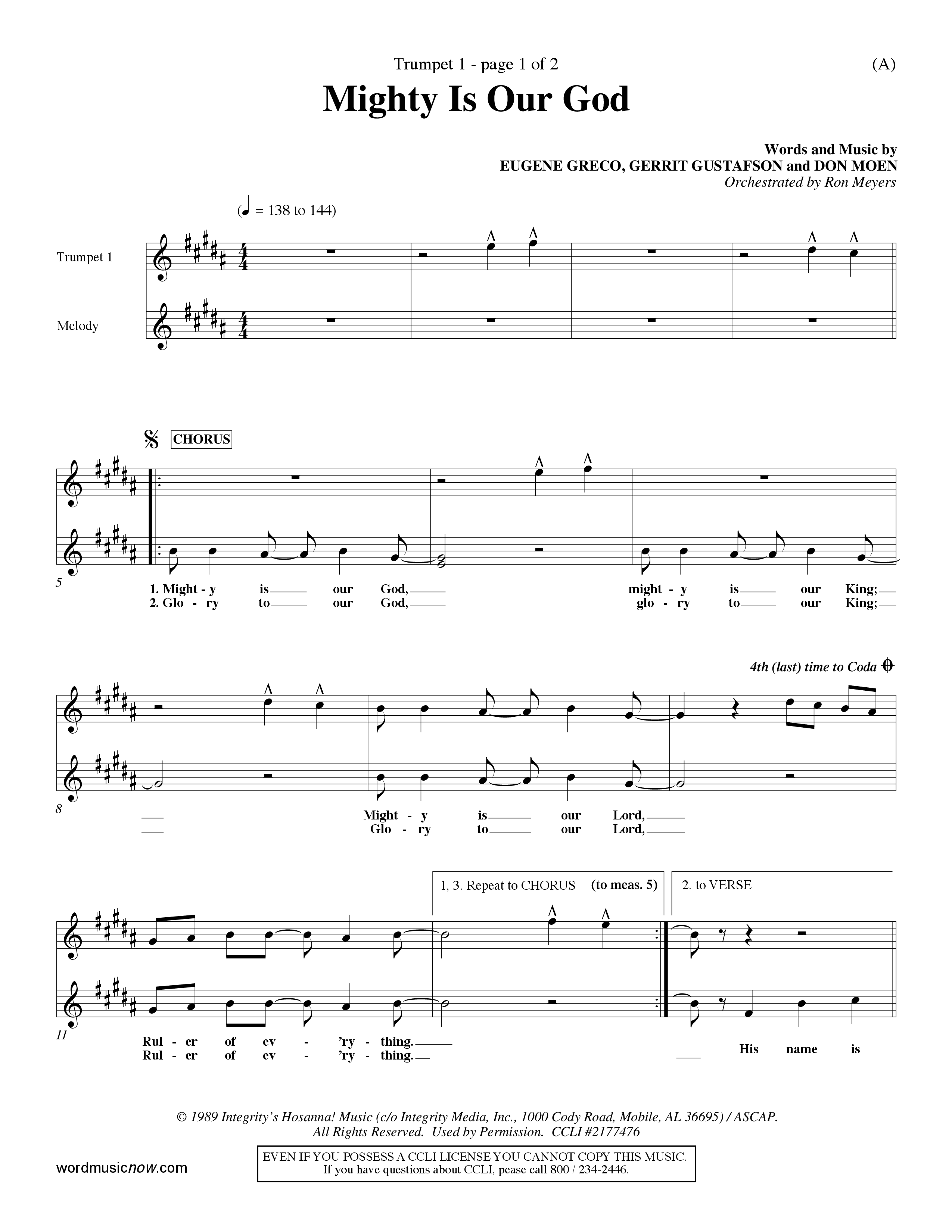 Mighty Is Our God (Choral Anthem SATB) Trumpet 1 (Word Music Choral / Orch. Ron Meyers)