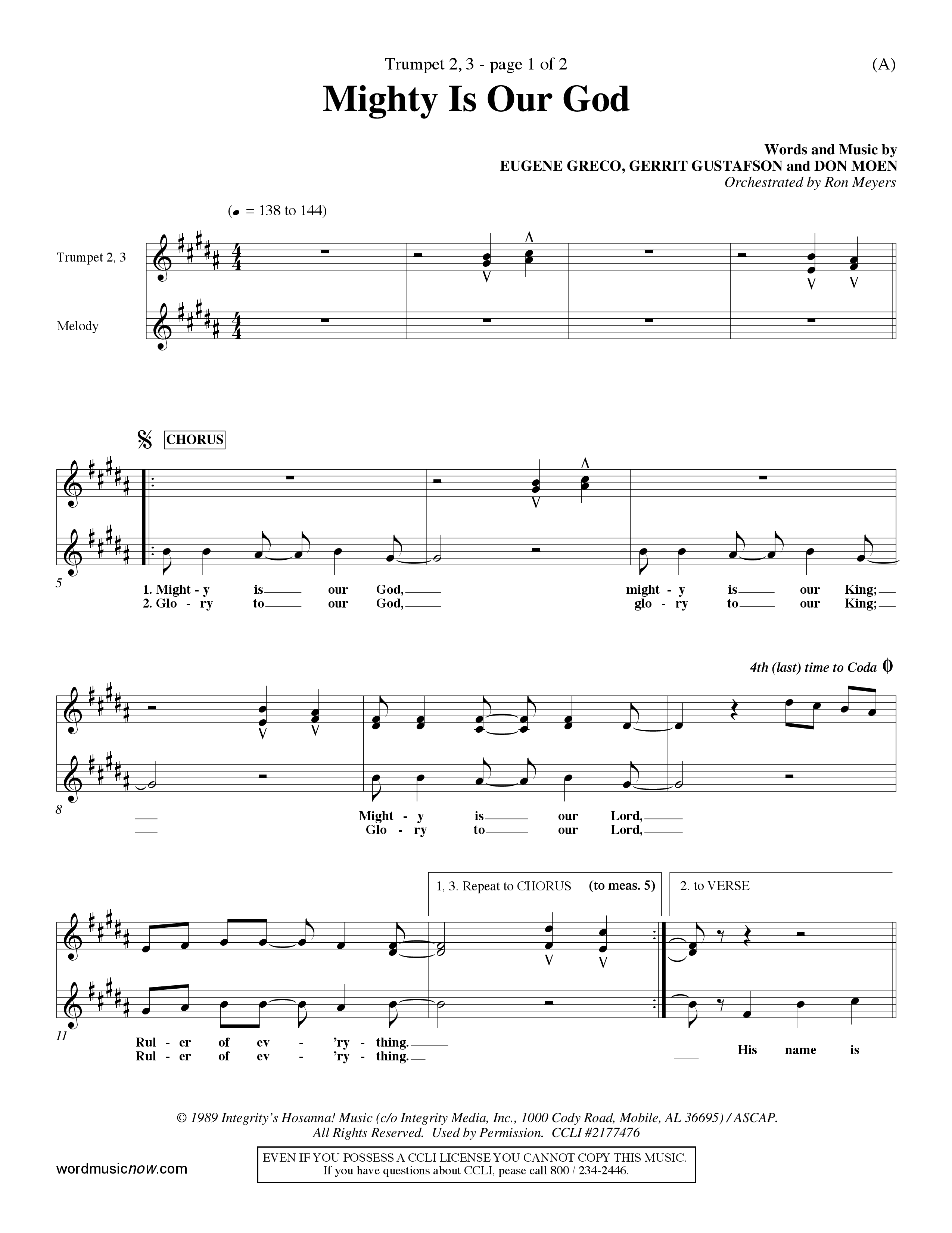 Mighty Is Our God (Choral Anthem SATB) Trumpet 2/3 (Word Music Choral / Orch. Ron Meyers)
