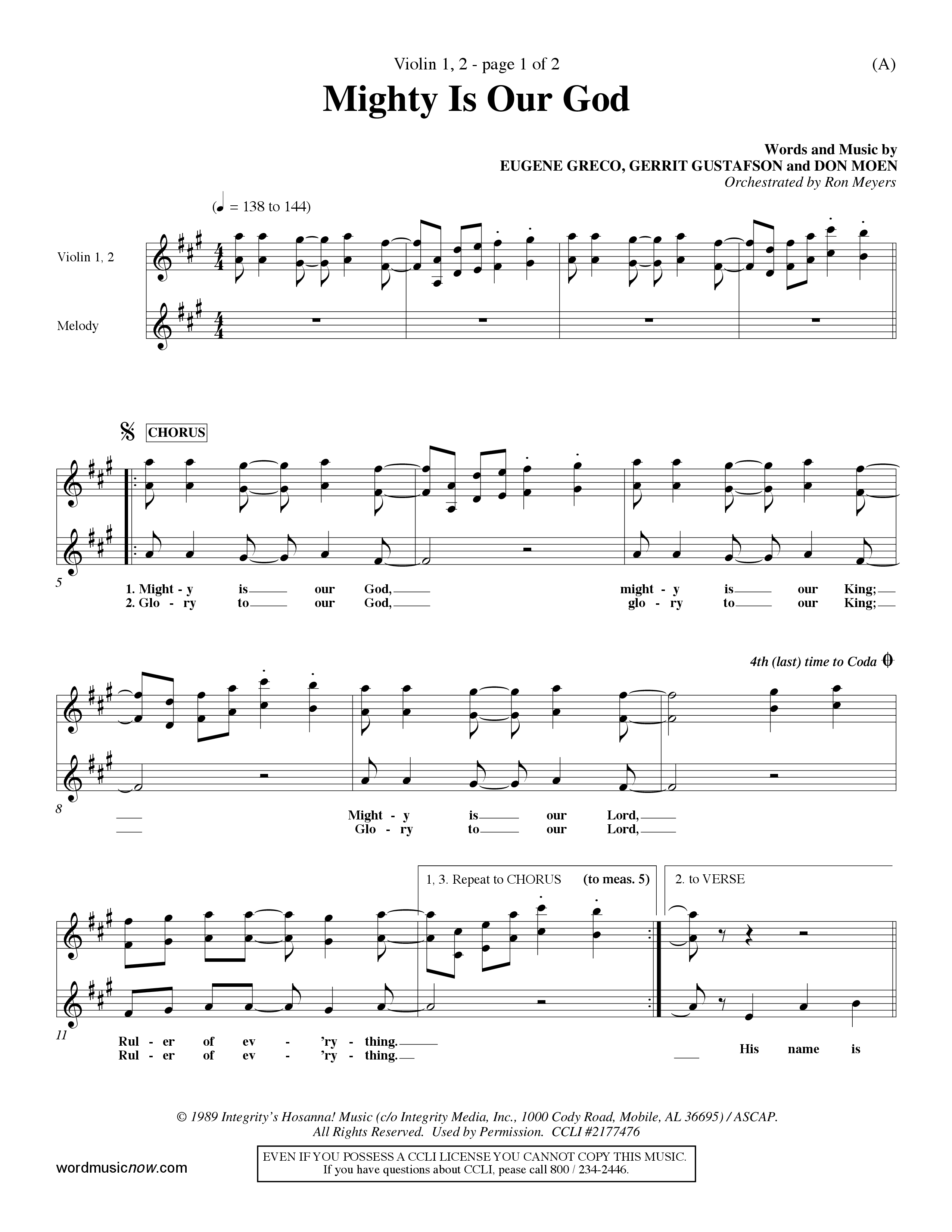 Mighty Is Our God (Choral Anthem SATB) Violin 1/2 (Word Music Choral / Orch. Ron Meyers)