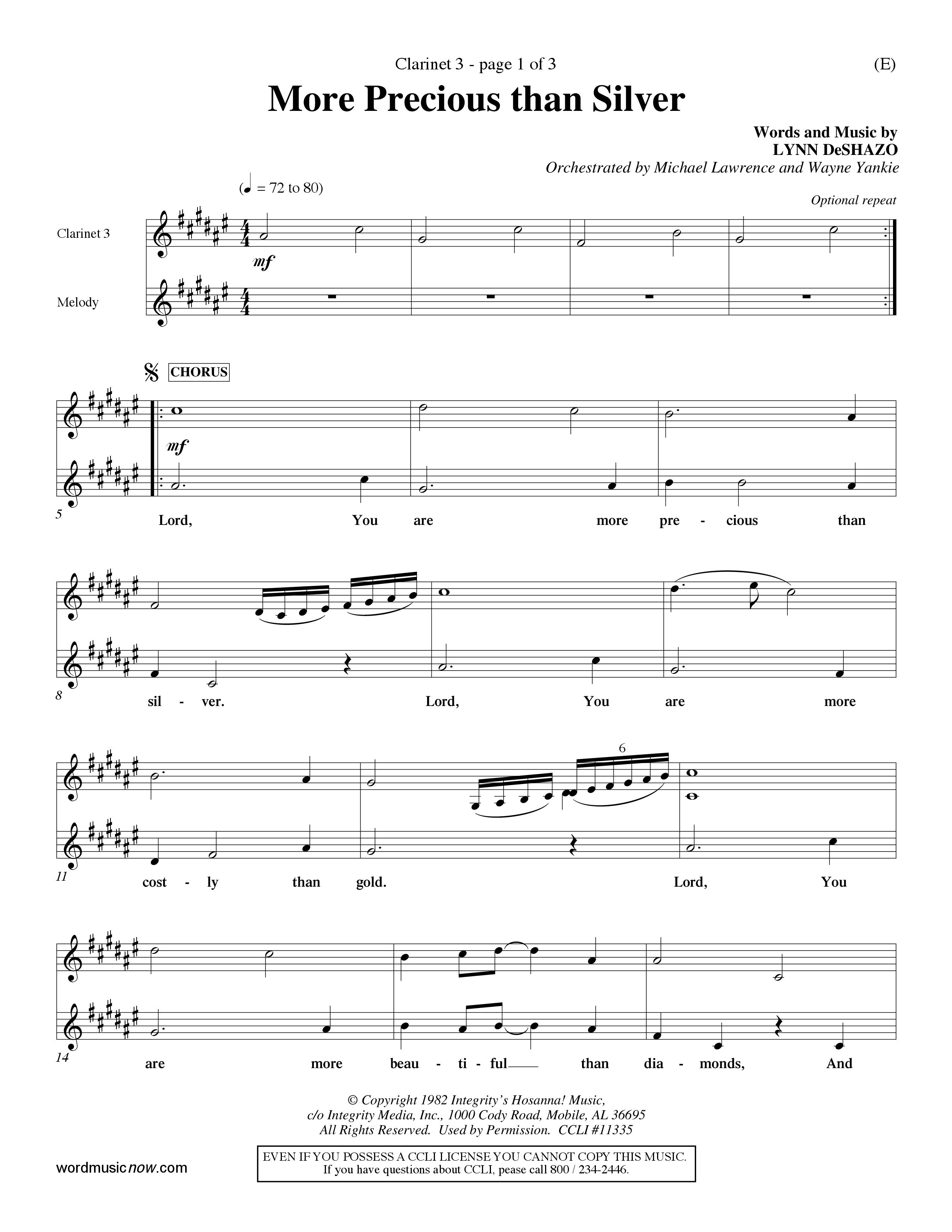 More Precious Than Silver (Choral Anthem SATB) Clarinet 3 (Word Music Choral / Orch. Michael Lawrence / Orch. Wayne Yankie)