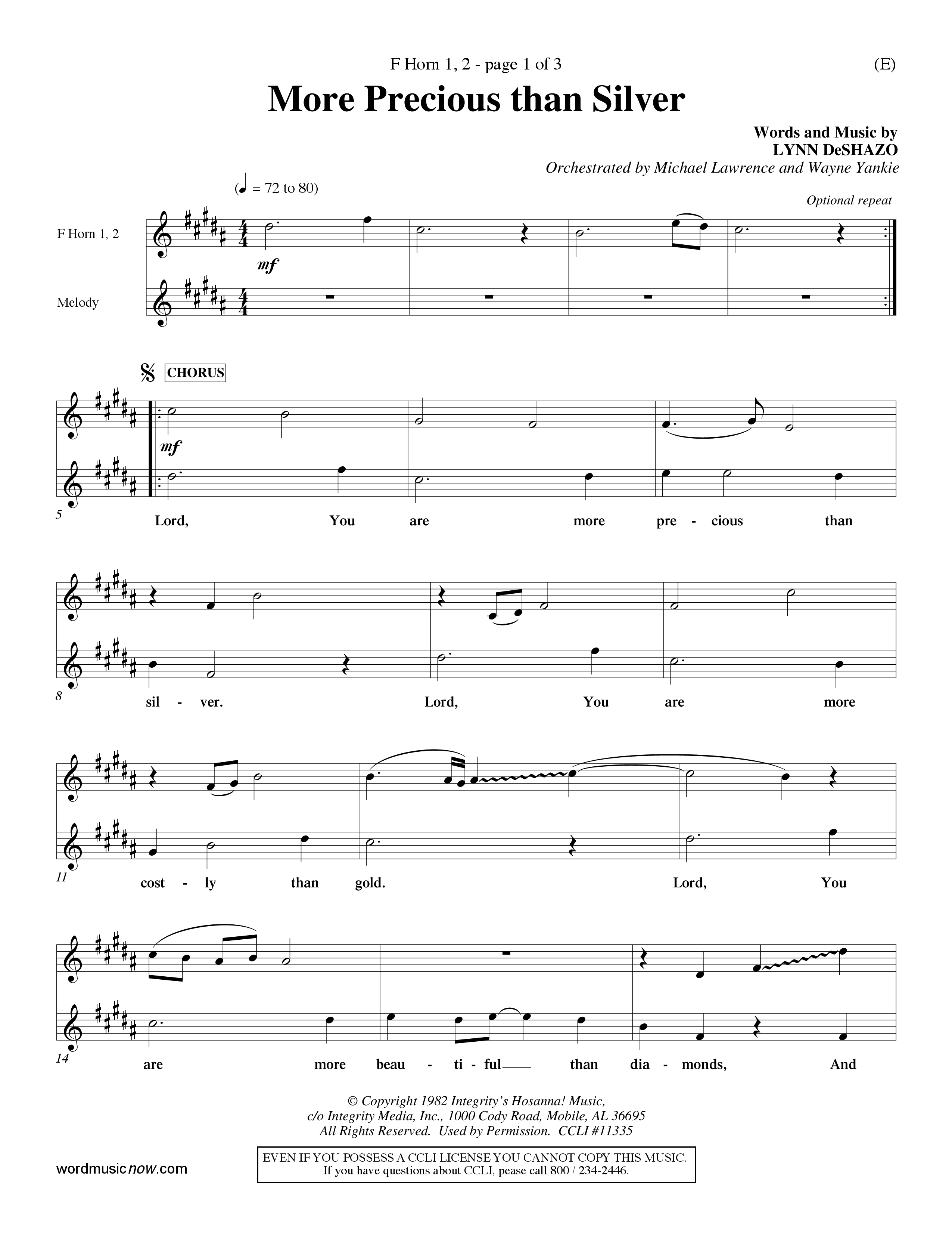 More Precious Than Silver (Choral Anthem SATB) French Horn (Word Music Choral / Orch. Michael Lawrence / Orch. Wayne Yankie)