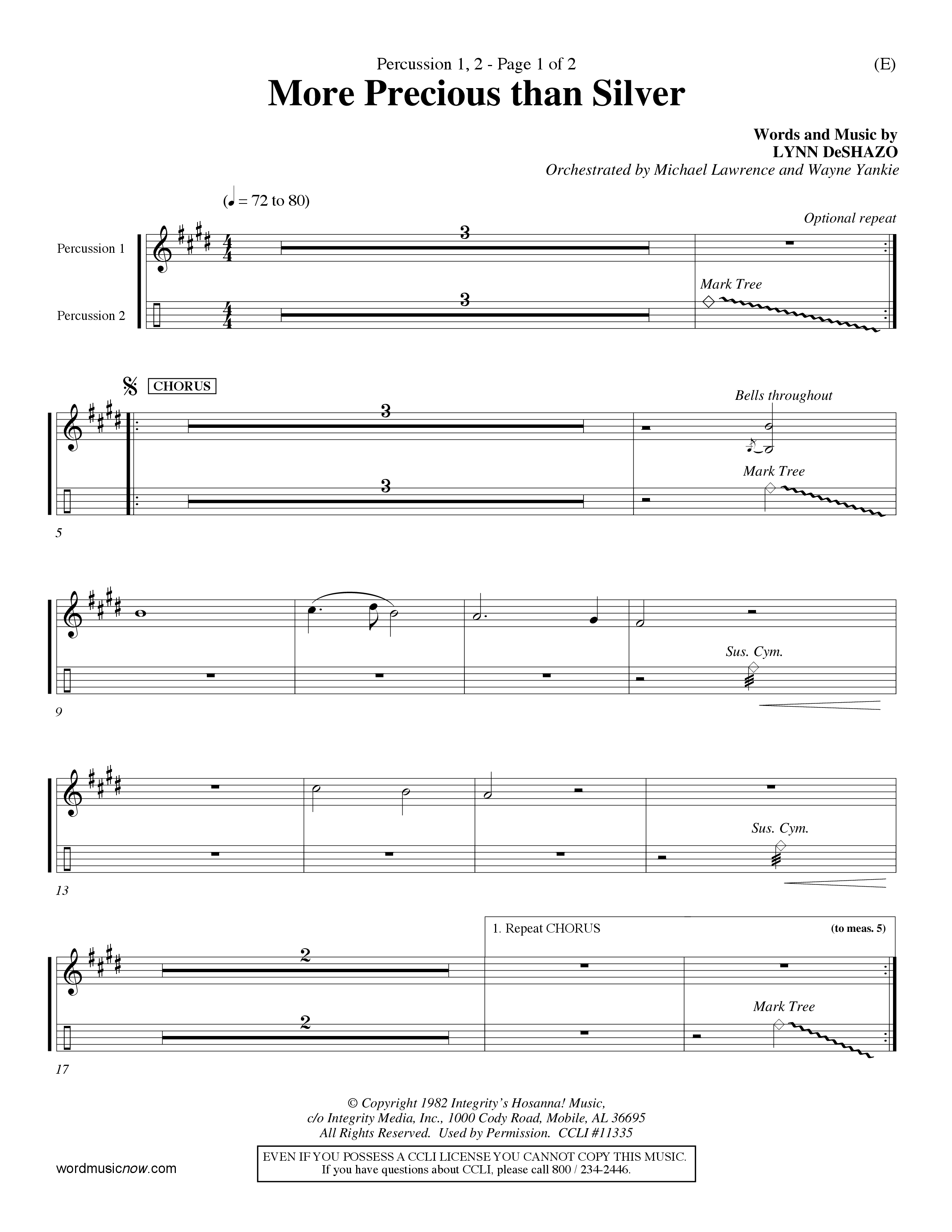 More Precious Than Silver (Choral Anthem SATB) Percussion 1/2 (Word Music Choral / Orch. Michael Lawrence / Orch. Wayne Yankie)