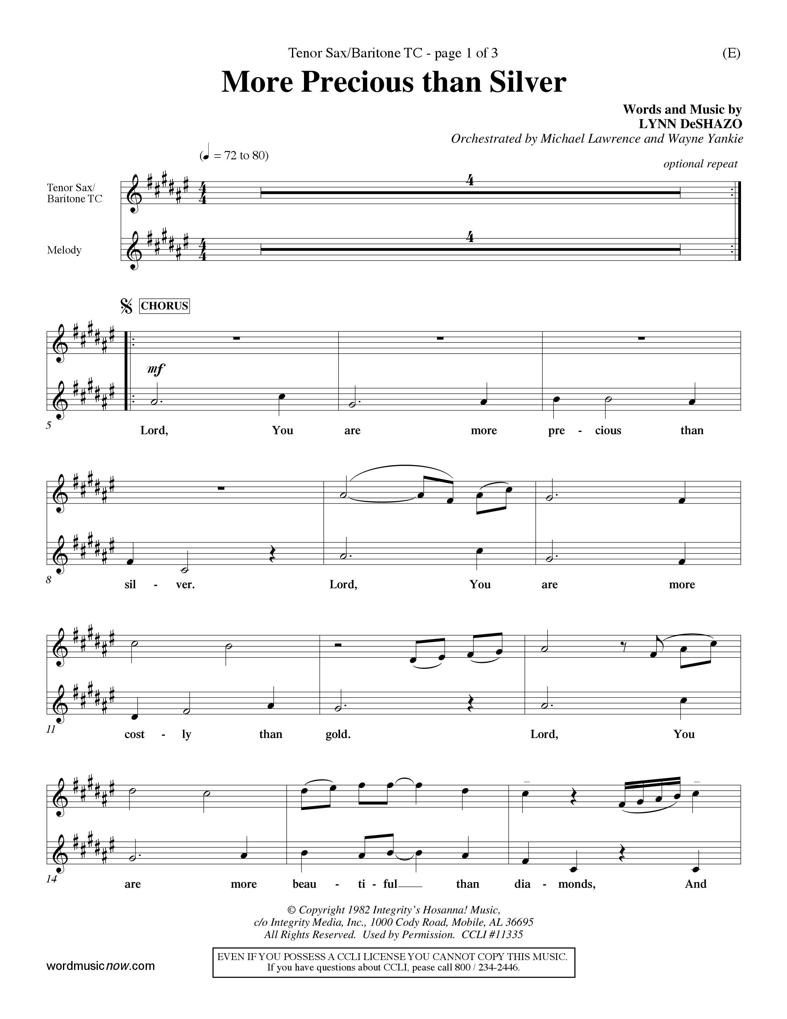 More Precious Than Silver (Choral Anthem SATB) Tenor Sax/Baritone T.C. (Word Music Choral / Orch. Michael Lawrence / Orch. Wayne Yankie)