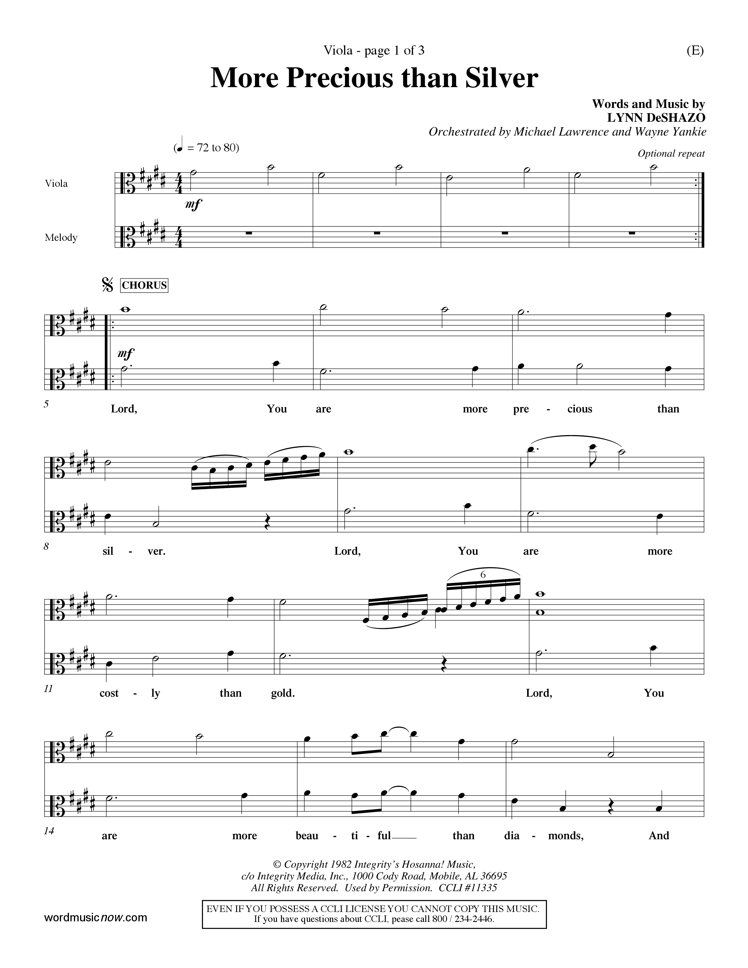 More Precious Than Silver (Choral Anthem SATB) Viola (Word Music Choral / Orch. Michael Lawrence / Orch. Wayne Yankie)