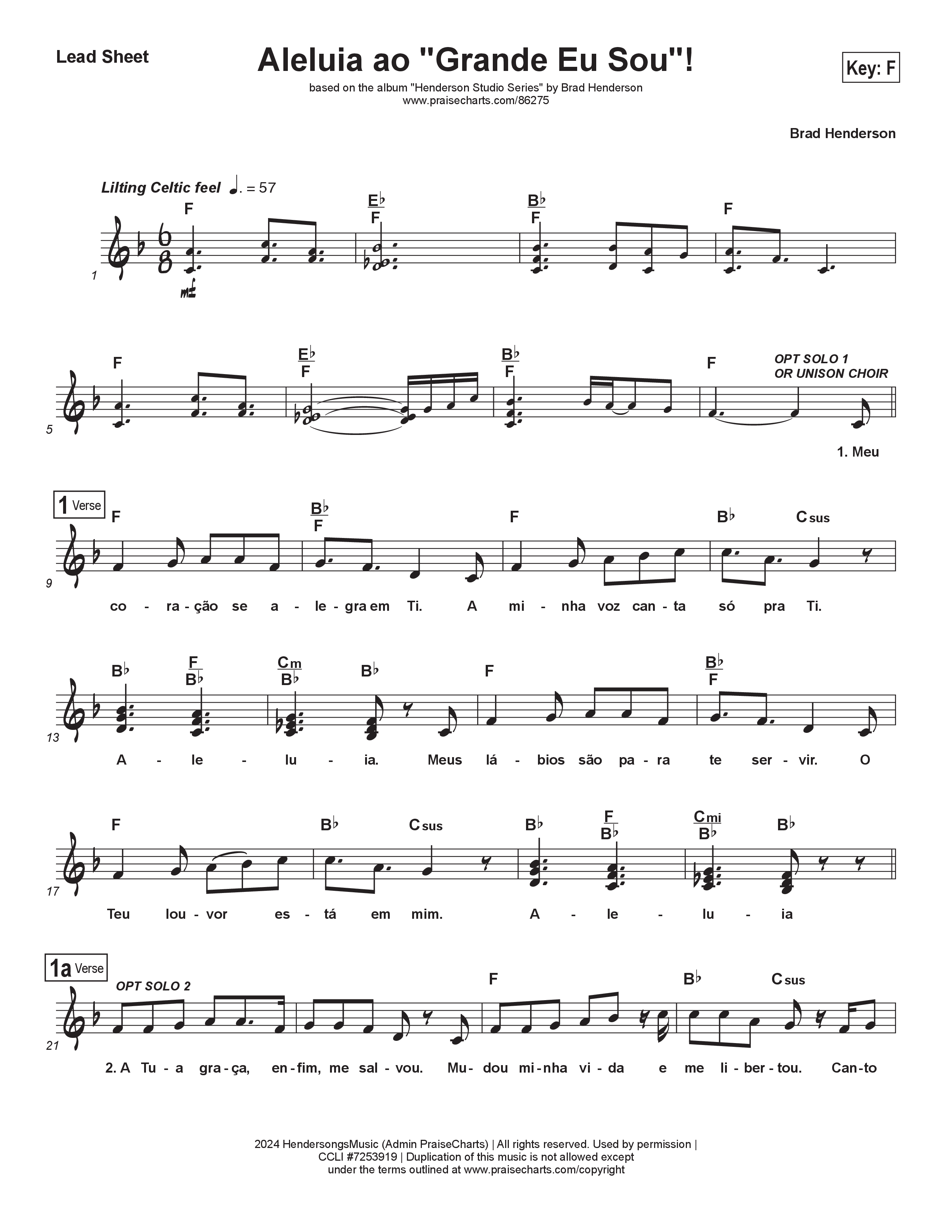 Aleluia ao Grande Eu Sou (Hallelujah Praise To The Great I Am)(Portuguese) Lead Sheet (SAT) (Brad Henderson)
