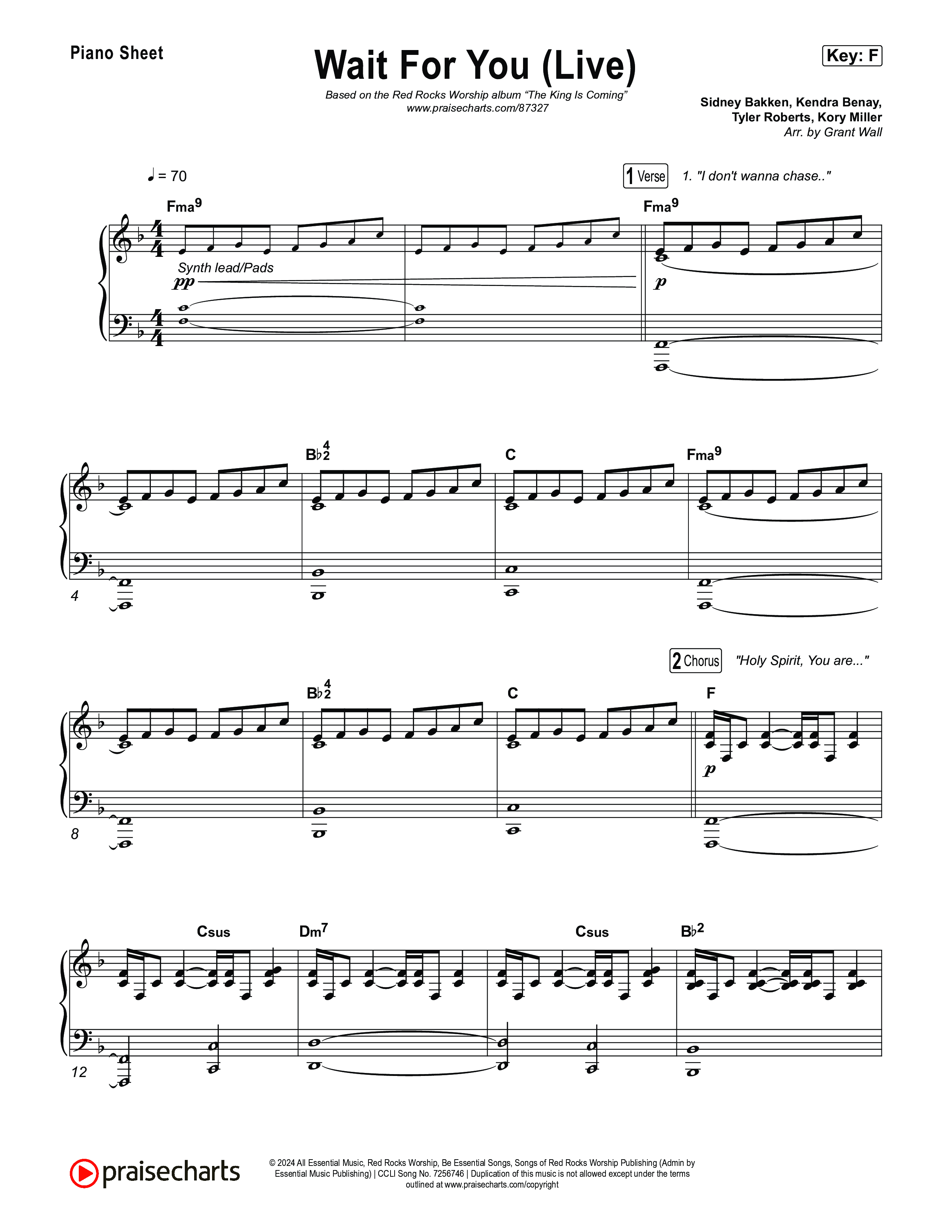 Wait For You (Live) Piano Sheet (Red Rocks Worship / Sidney Bakken)