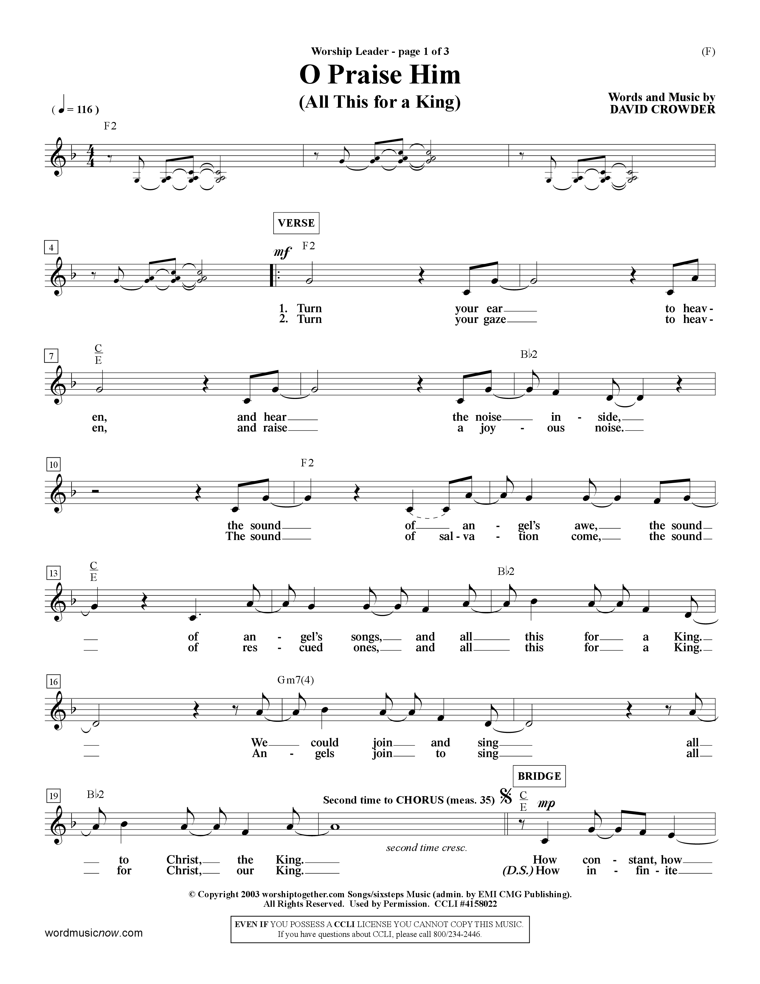 O Praise Him (Choral Anthem SATB) Lead Sheet (Mel) (Word Music Choral / Orch. David Winkler)