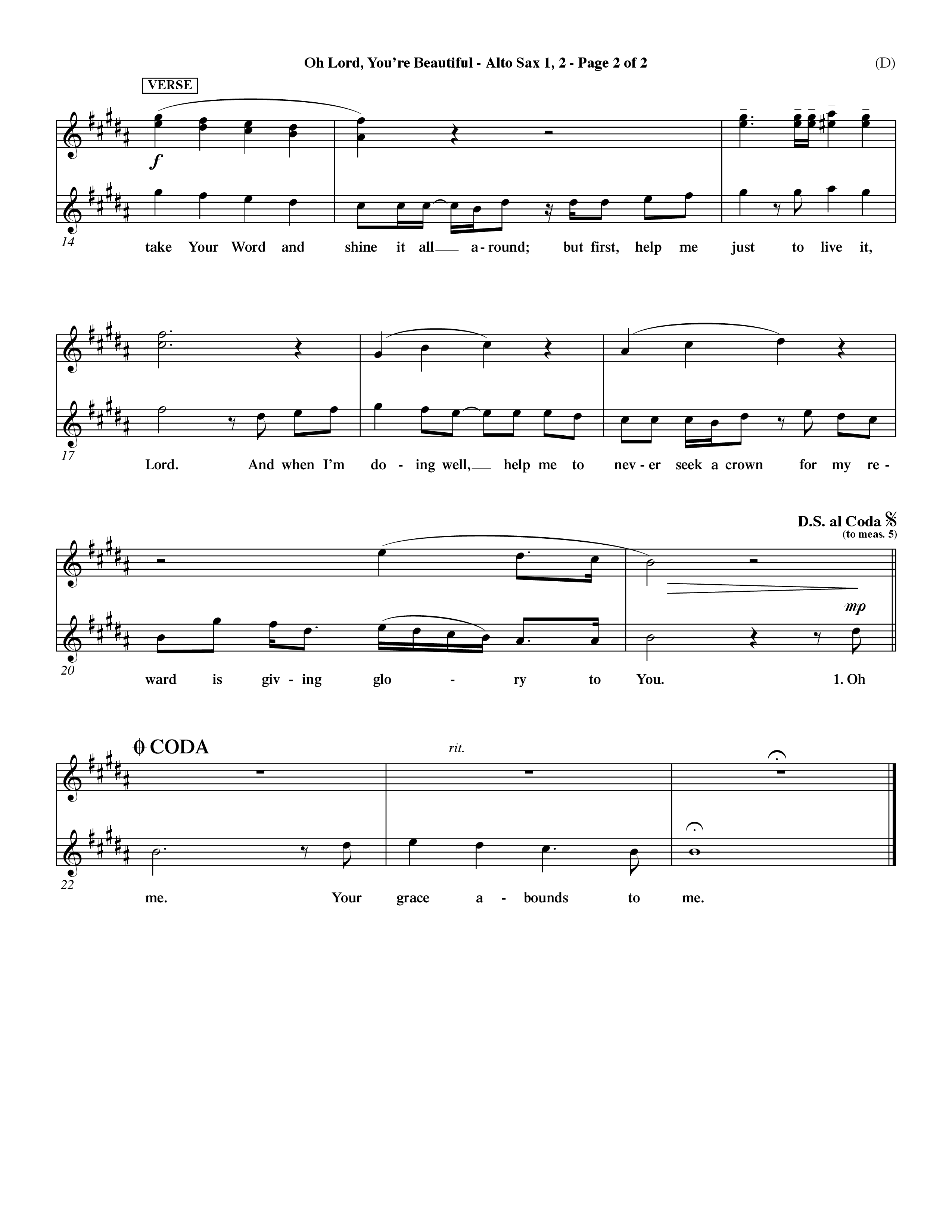 Oh Lord You're Beautiful (Choral Anthem SATB) Alto Sax 1/2 (Word Music Choral / Orch. Paul Nelson)