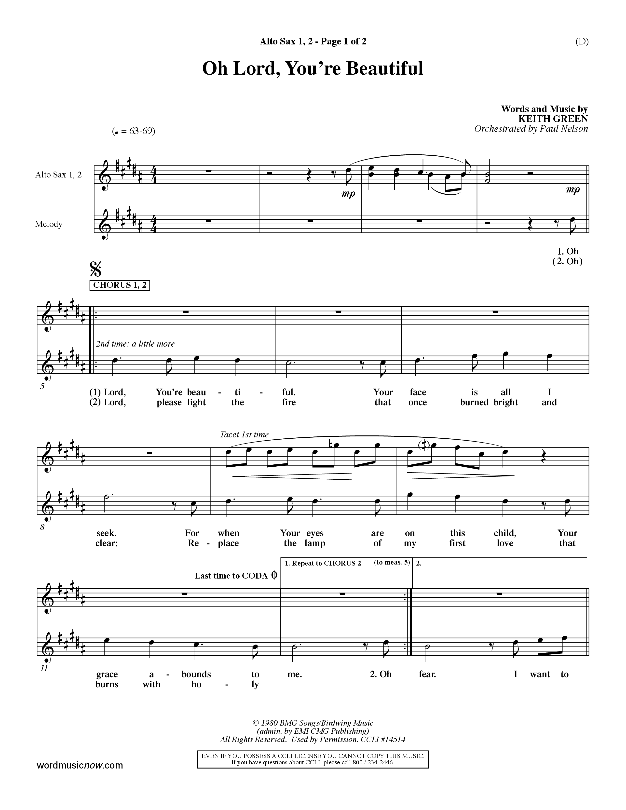 Oh Lord You're Beautiful (Choral Anthem SATB) Alto Sax 1/2 (Word Music Choral / Orch. Paul Nelson)