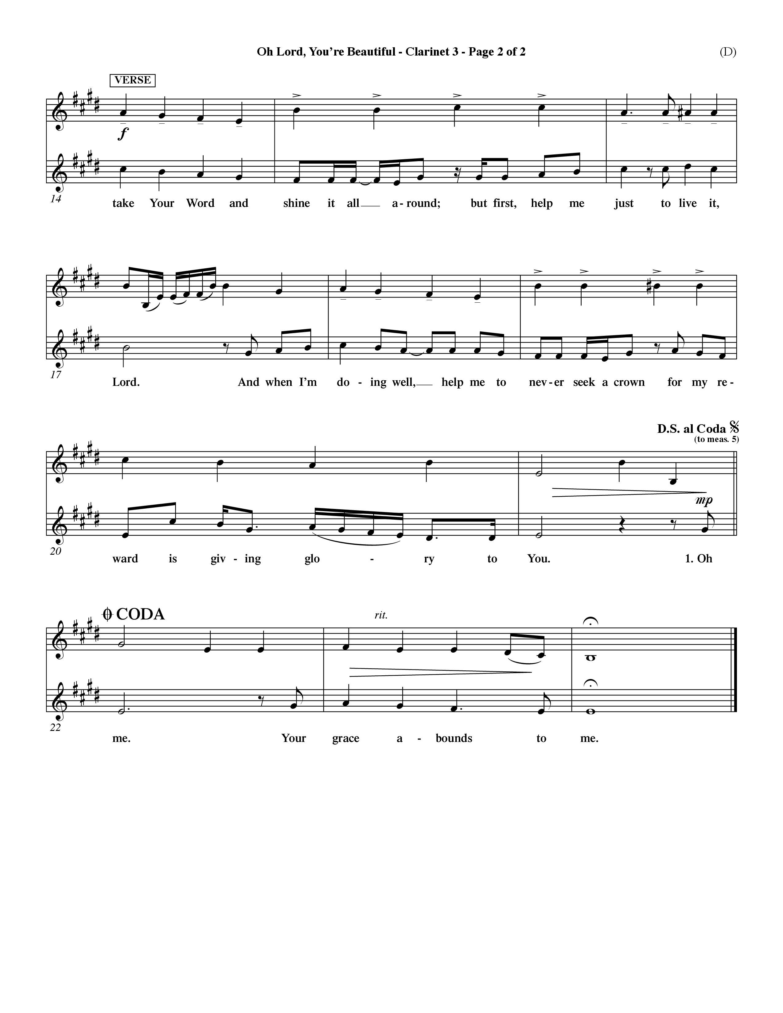 Oh Lord You're Beautiful (Choral Anthem SATB) Clarinet 3 (Word Music Choral / Orch. Paul Nelson)
