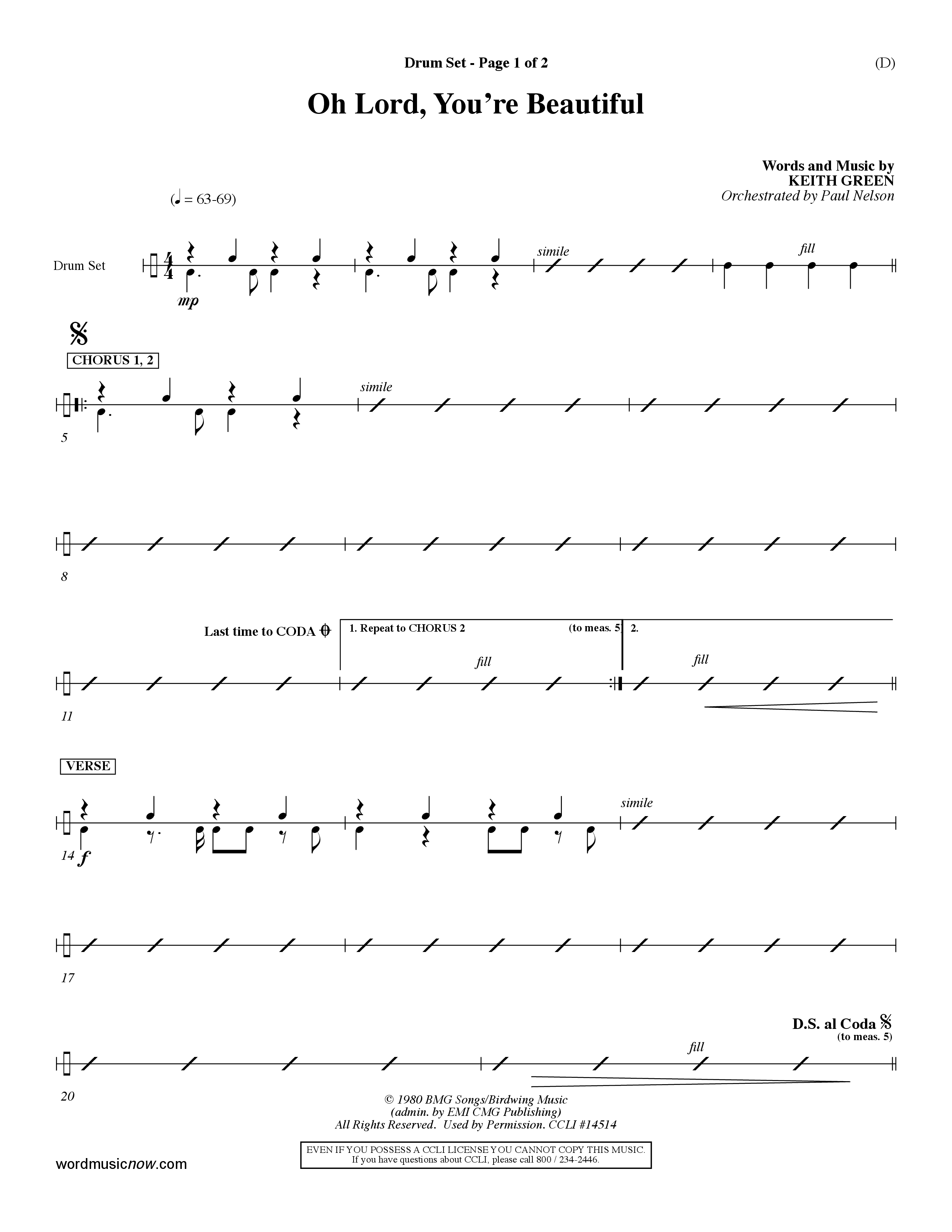 Oh Lord You're Beautiful (Choral Anthem SATB) Drum Set (Word Music Choral / Orch. Paul Nelson)