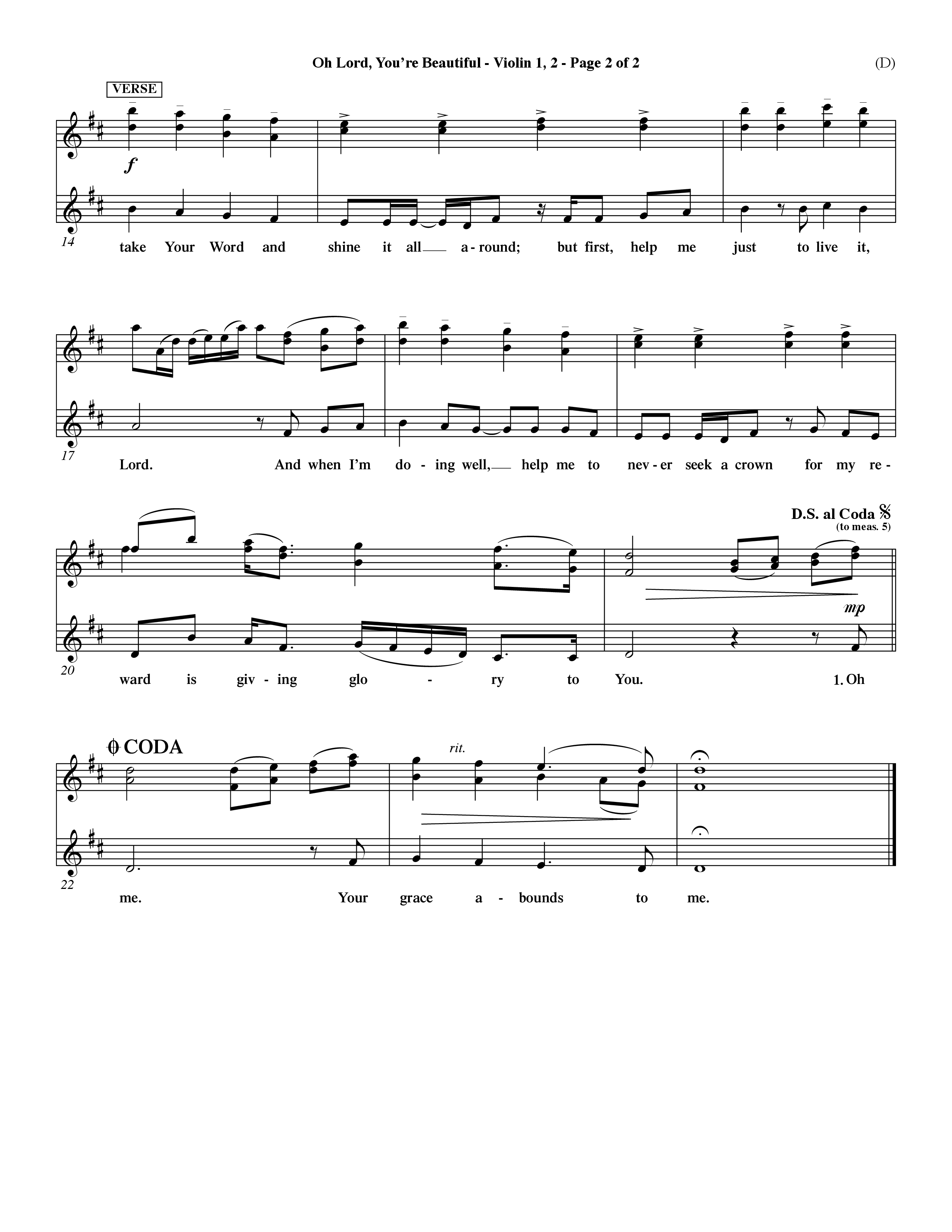 Oh Lord You're Beautiful (Choral Anthem SATB) Violin 1/2 (Word Music Choral / Orch. Paul Nelson)