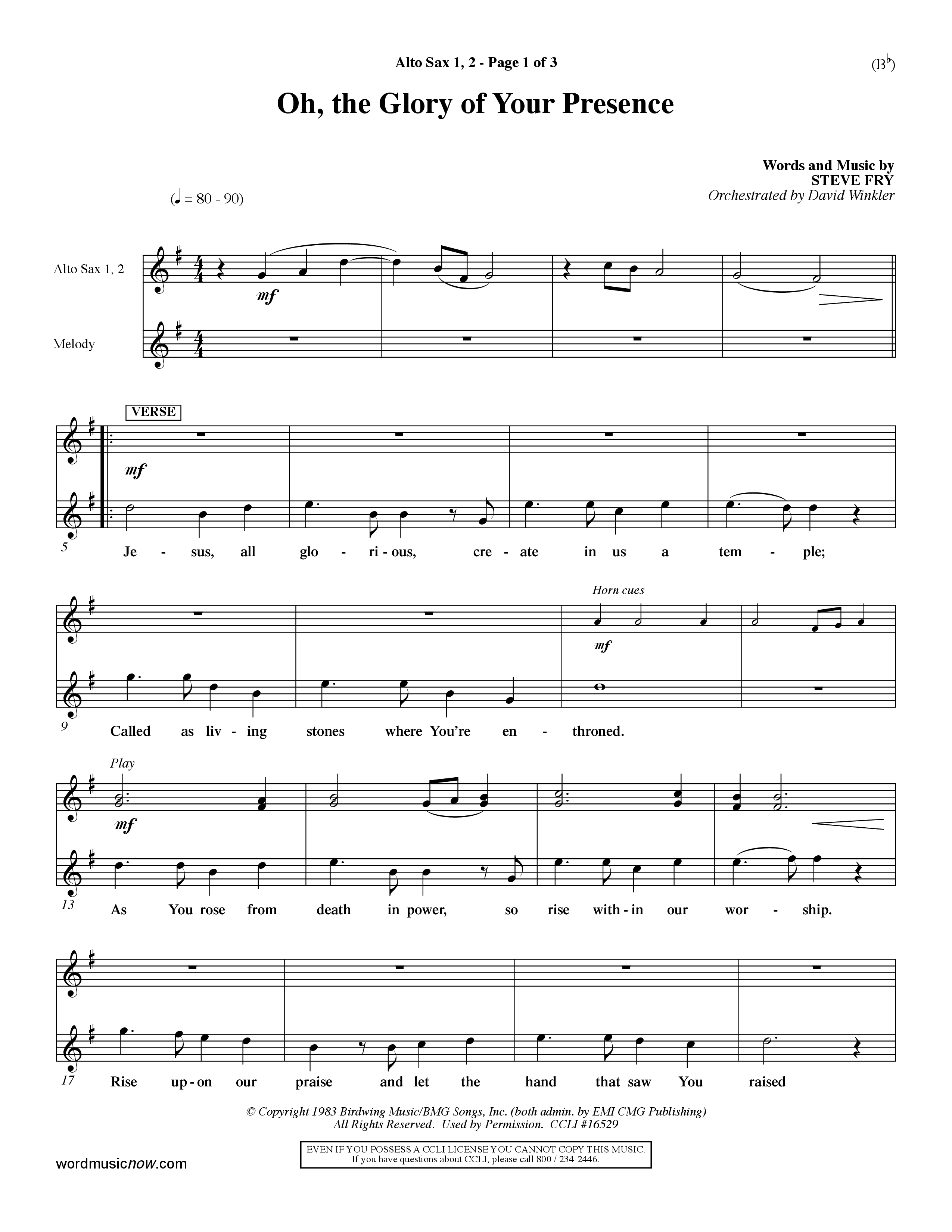 Oh The Glory Of Your Presence (Choral Anthem SATB) Alto Sax 1/2 (Word Music Choral / Orch. David Winkler)