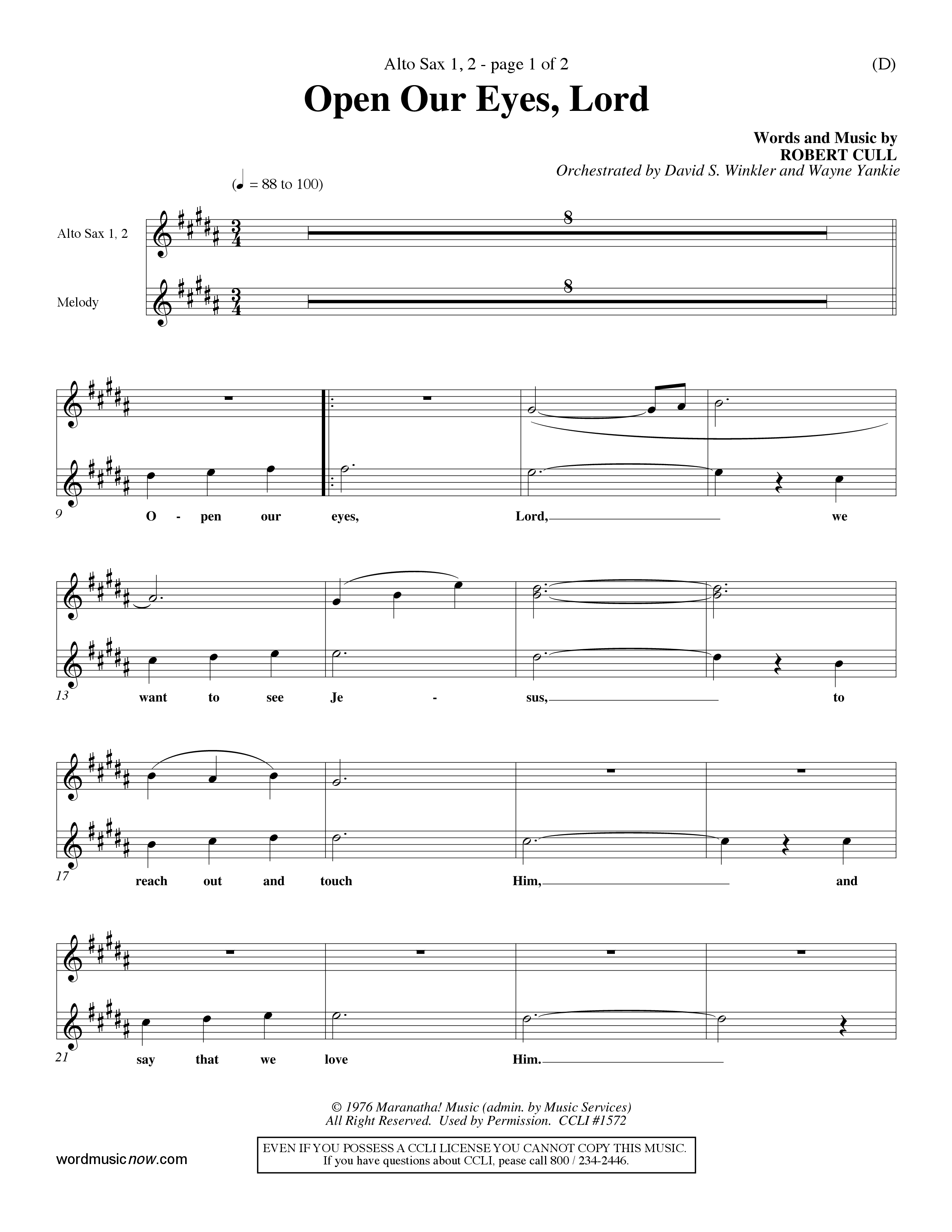 Open Our Eyes (Choral Anthem SATB) Alto Sax 1/2 (Word Music Choral / Orch. David Winkler / Orch. Wayne Yankie)