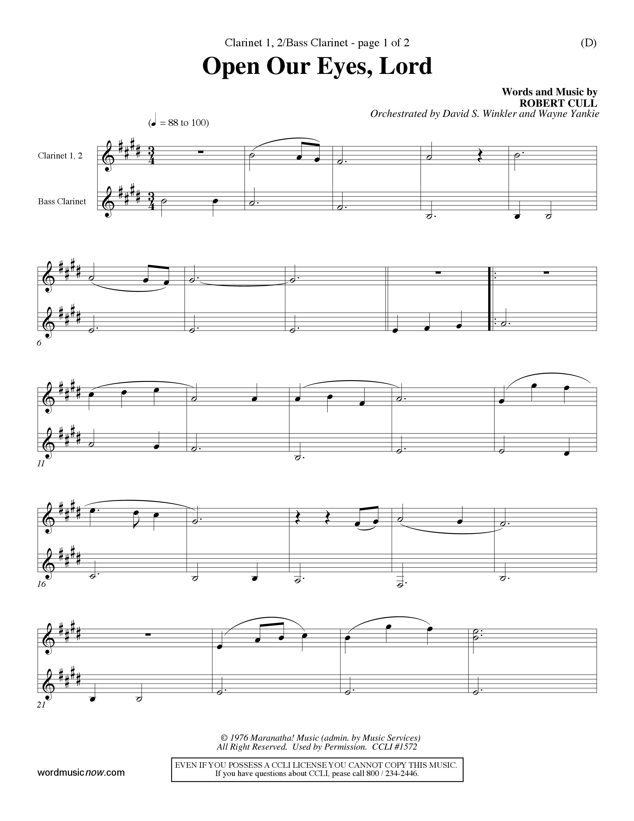 Open Our Eyes (Choral Anthem SATB) Clarinet 1/2, Bass Clarinet (Word Music Choral / Orch. David Winkler / Orch. Wayne Yankie)
