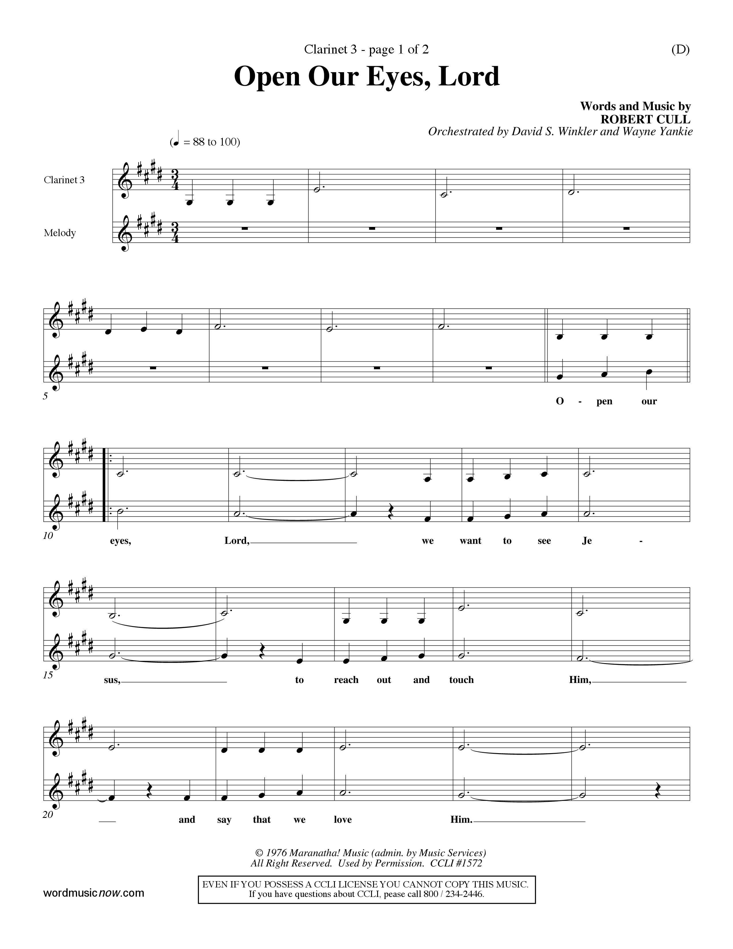 Open Our Eyes (Choral Anthem SATB) Clarinet 3 (Word Music Choral / Orch. David Winkler / Orch. Wayne Yankie)