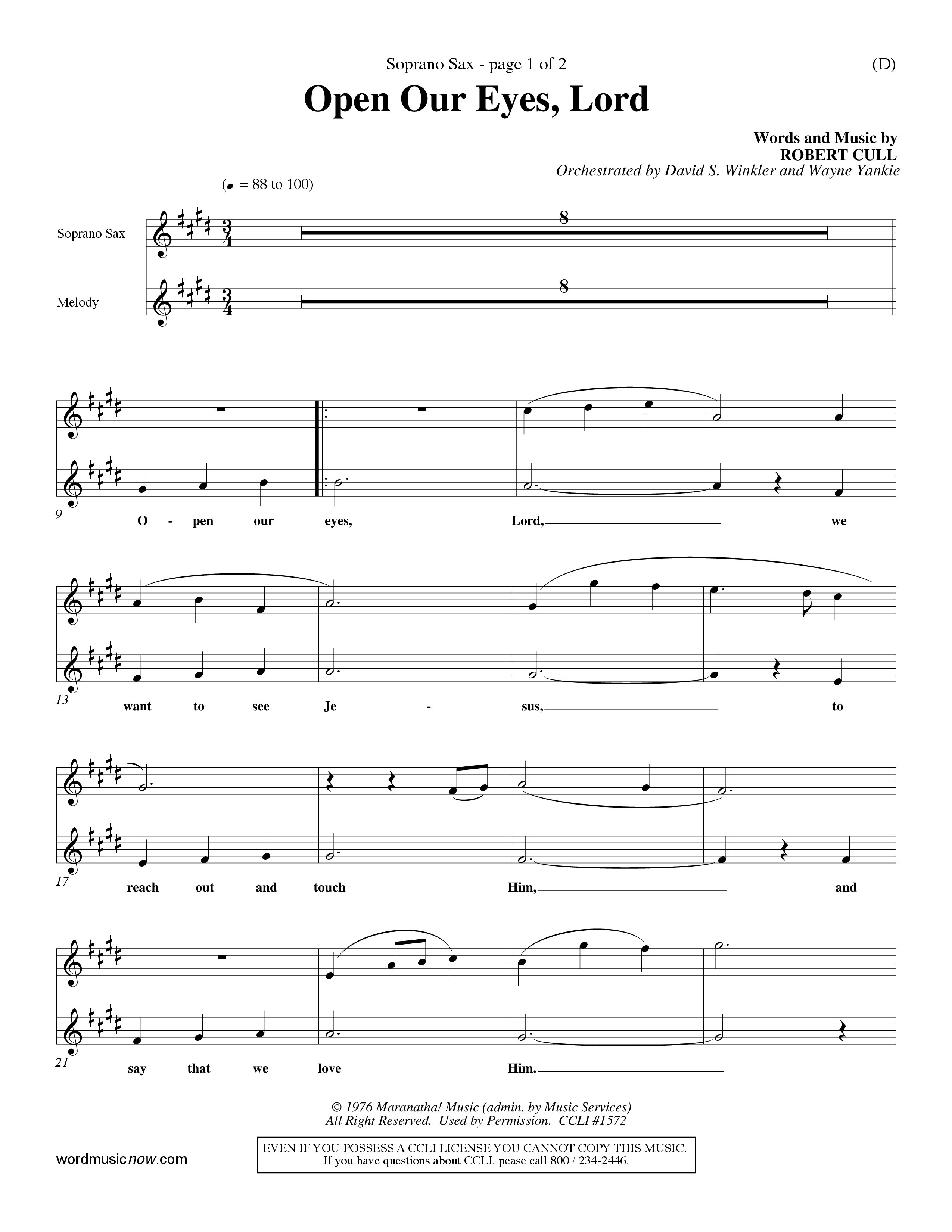 Open Our Eyes (Choral Anthem SATB) Saxophone (Word Music Choral / Orch. David Winkler / Orch. Wayne Yankie)