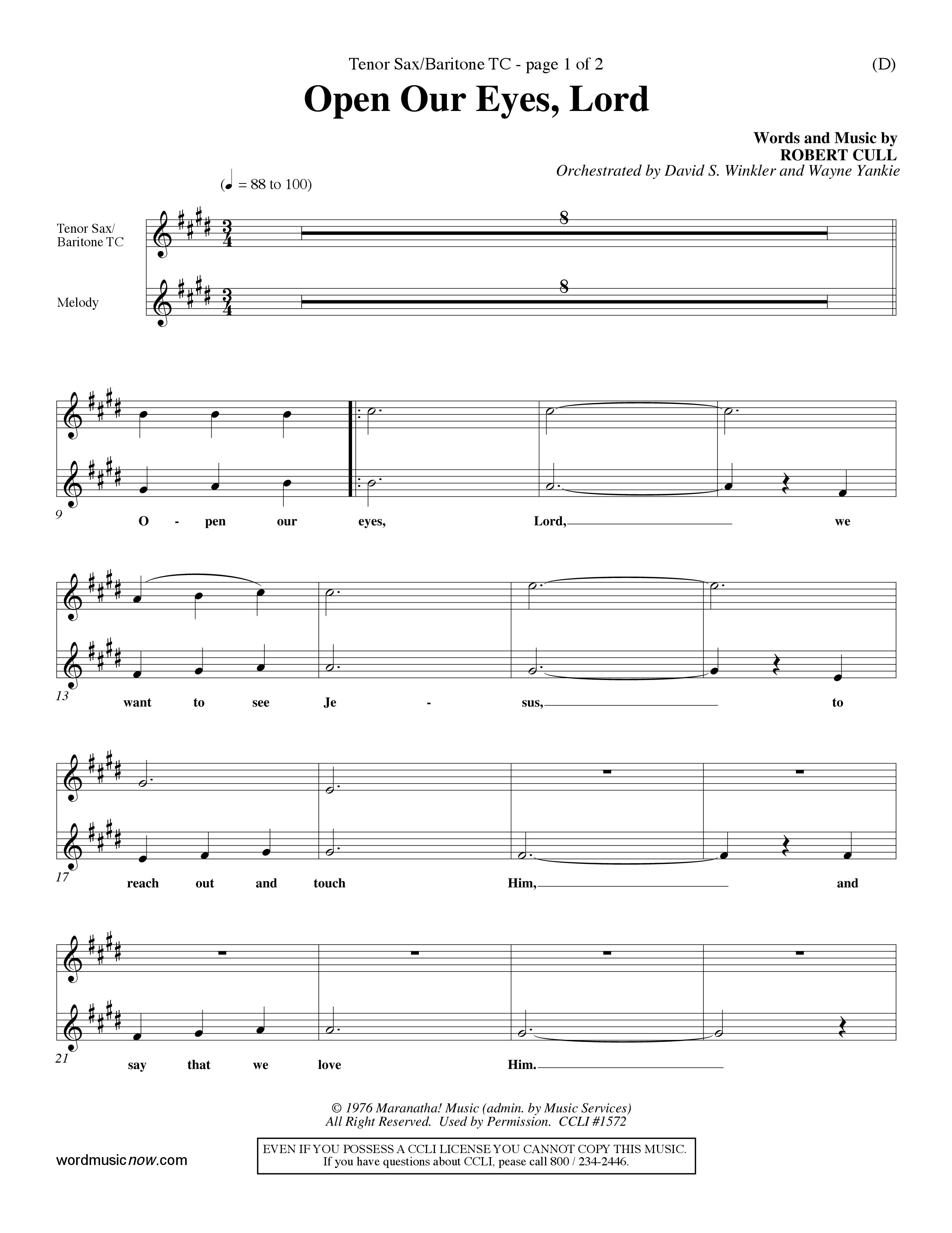 Open Our Eyes (Choral Anthem SATB) Tenor Sax/Baritone T.C. (Word Music Choral / Orch. David Winkler / Orch. Wayne Yankie)