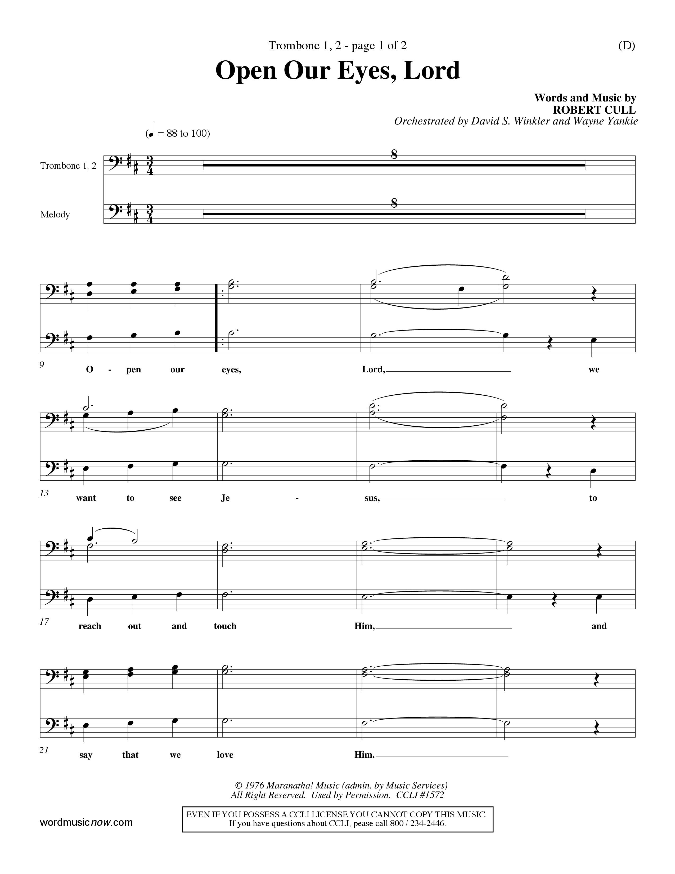 Open Our Eyes (Choral Anthem SATB) Trombone 1/2 (Word Music Choral / Orch. David Winkler / Orch. Wayne Yankie)