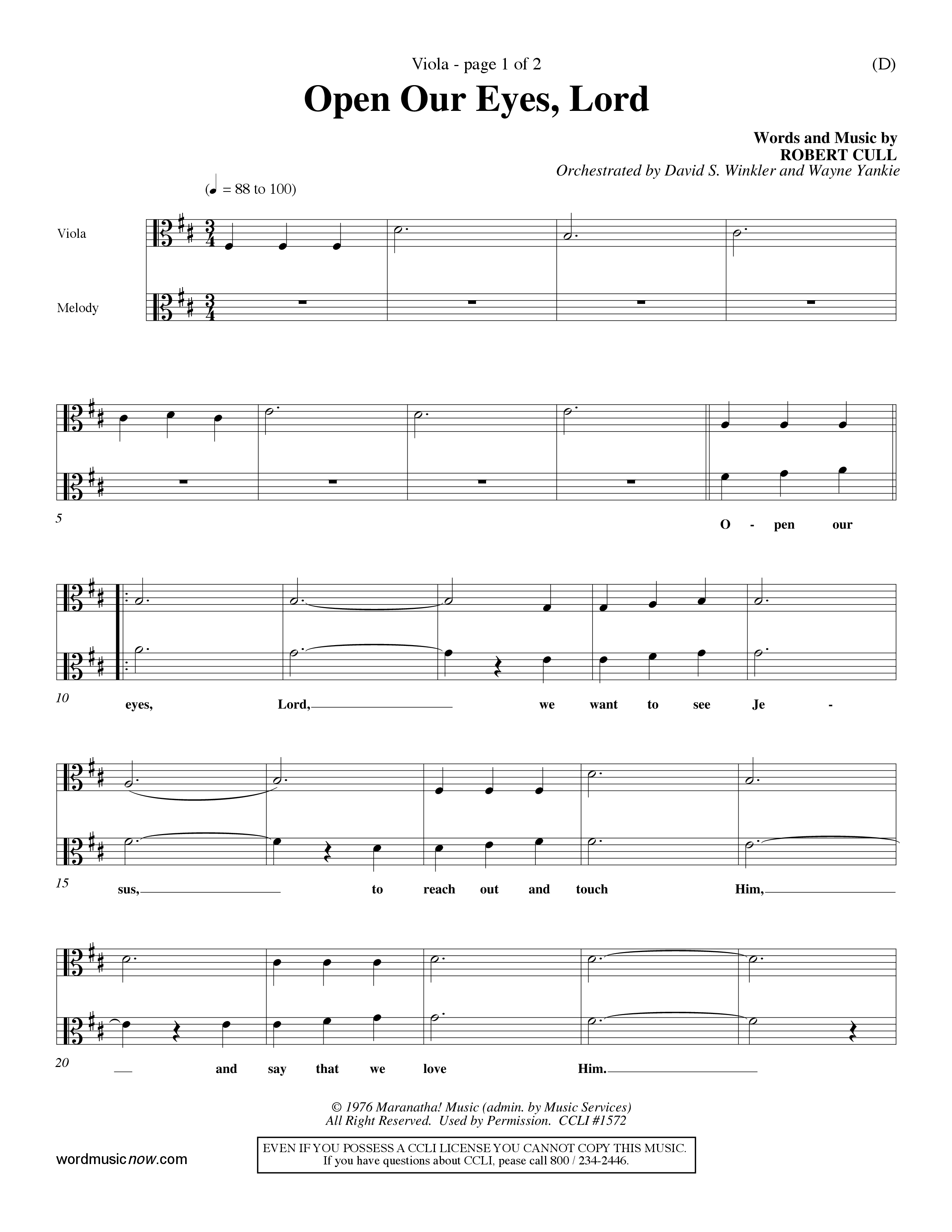 Open Our Eyes (Choral Anthem SATB) Viola (Word Music Choral / Orch. David Winkler / Orch. Wayne Yankie)
