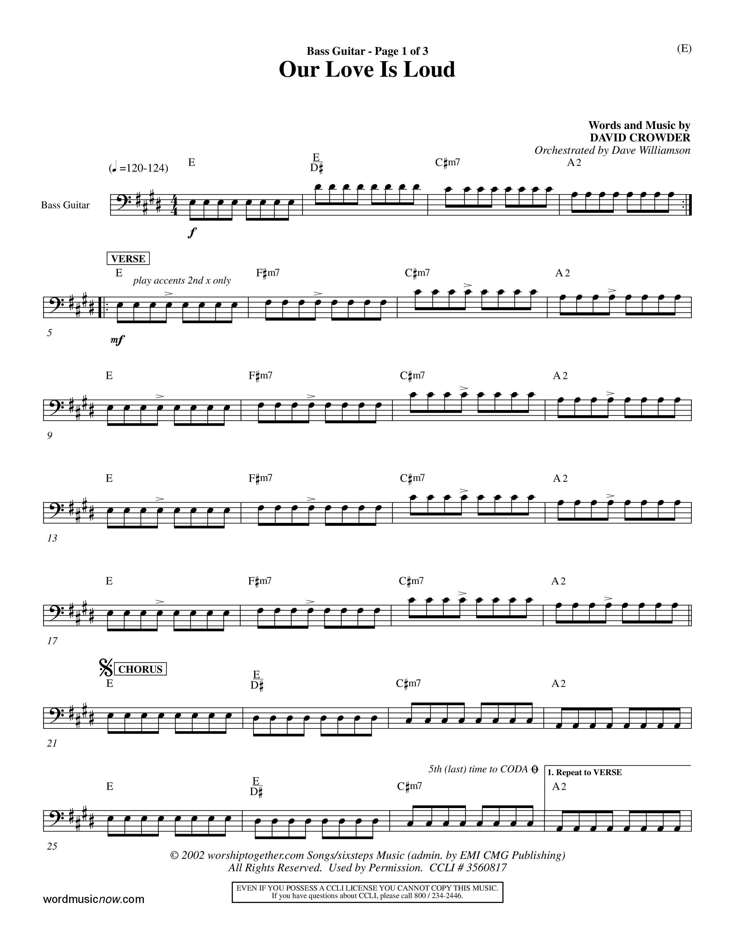 Our Love Is Loud (Choral Anthem SATB) Bass Guitar (Word Music Choral / Orch. Dave Williamson)