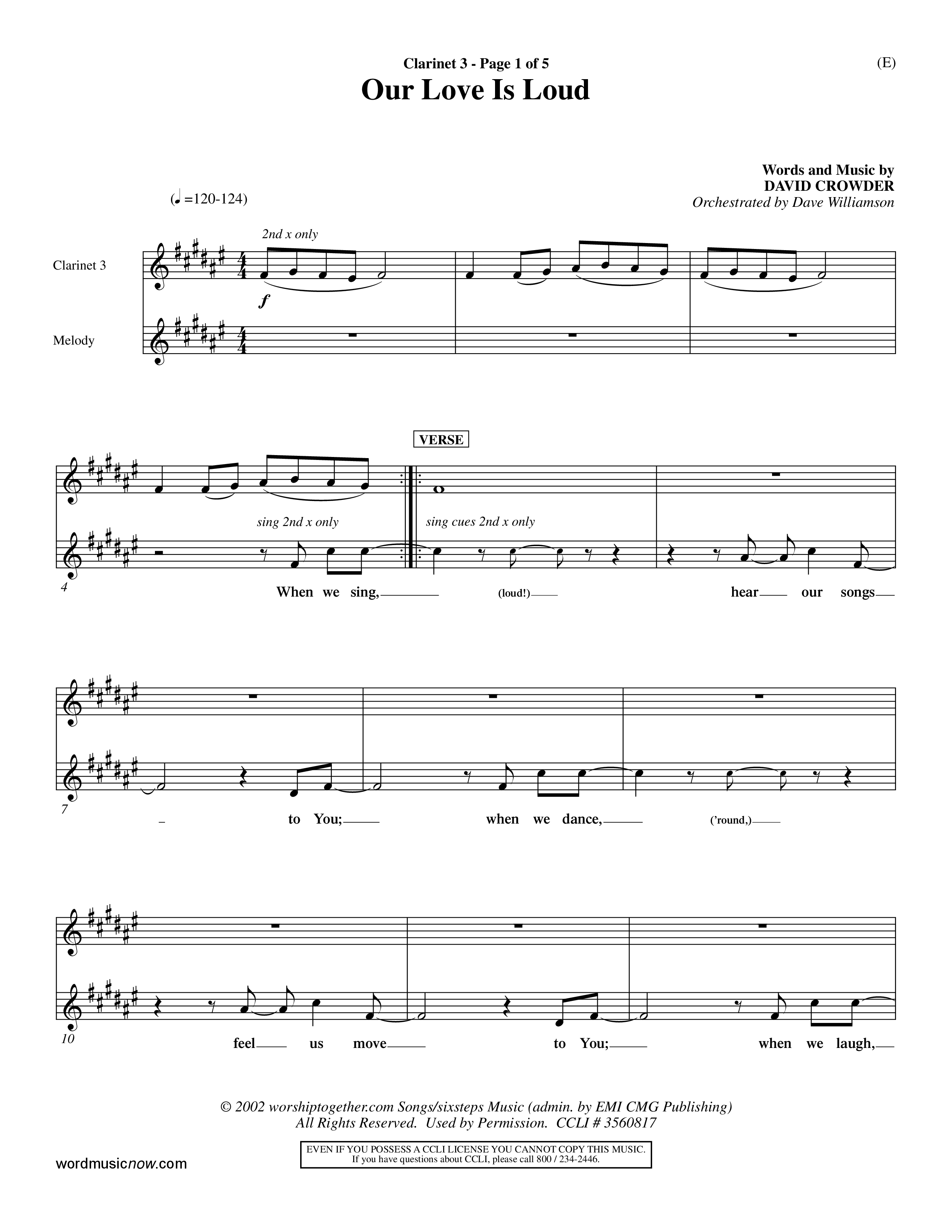 Our Love Is Loud (Choral Anthem SATB) Clarinet 3 (Word Music Choral / Orch. Dave Williamson)