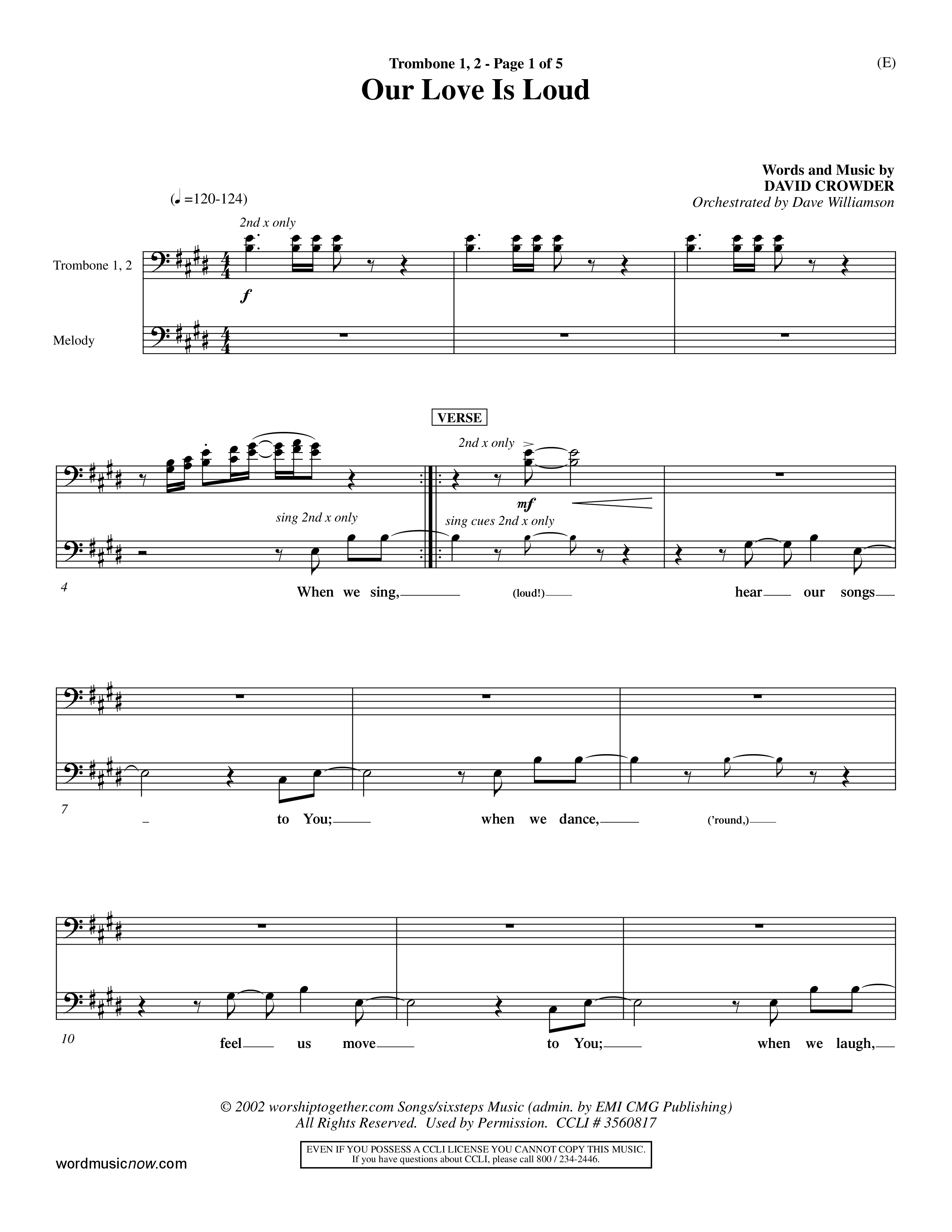 Our Love Is Loud (Choral Anthem SATB) Trombone 1/2 (Word Music Choral / Orch. Dave Williamson)