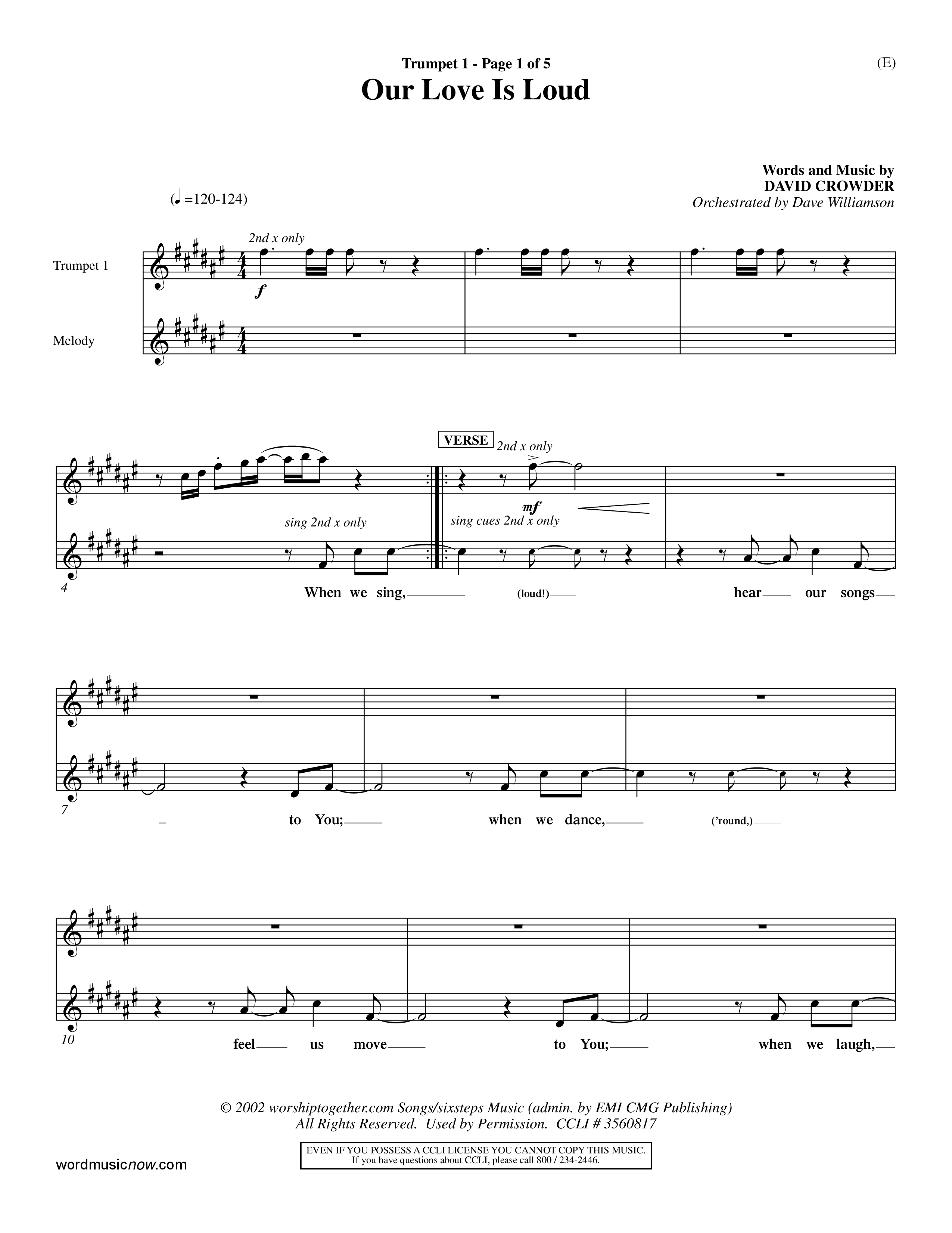 Our Love Is Loud (Choral Anthem SATB) Trumpet 1 (Word Music Choral / Orch. Dave Williamson)