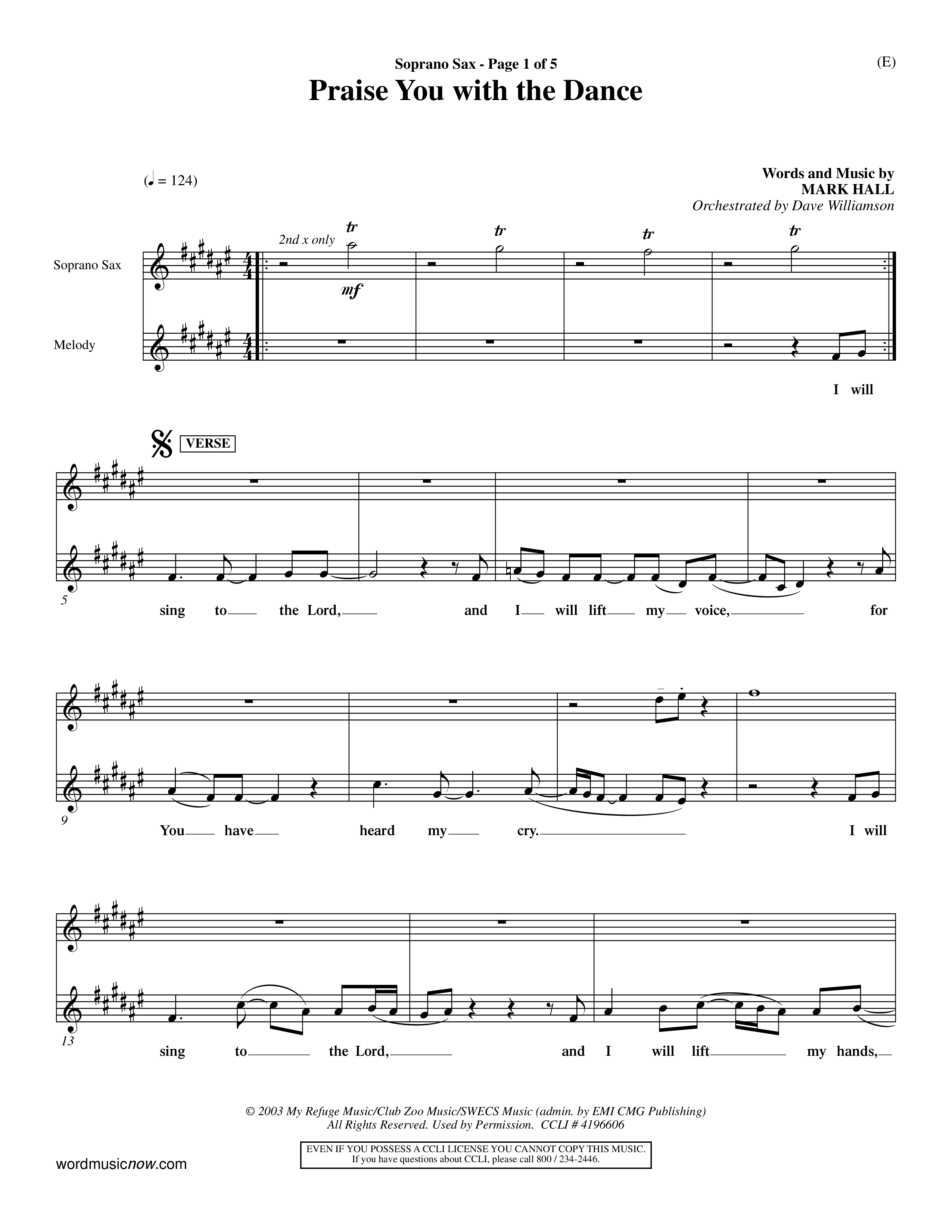 Praise You With The Dance (Choral Anthem SATB) Saxophone (Word Music Choral / Orch. Dave Williamson)