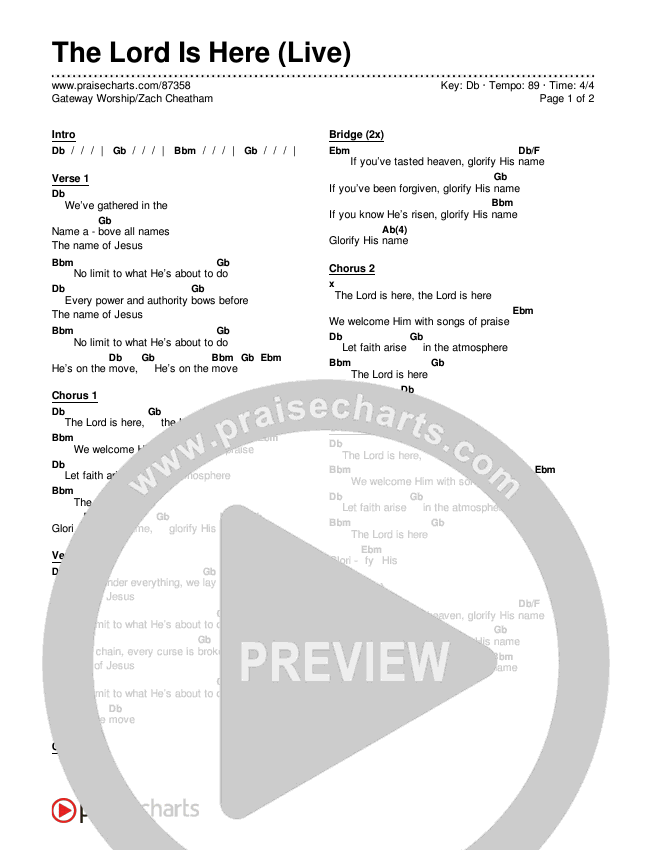The Lord Is Here (Live) Chords & Lyrics (Gateway Worship / Zach Cheatham)