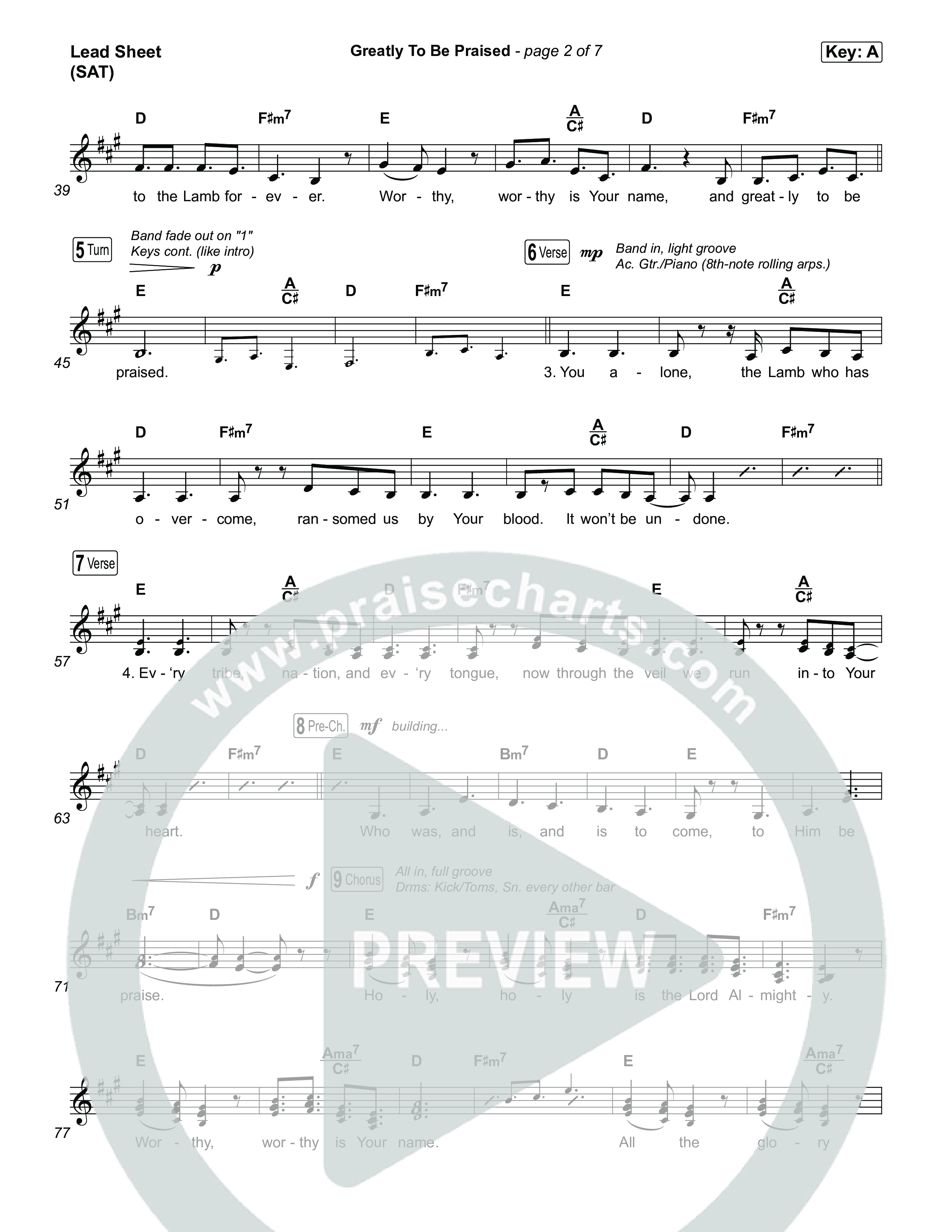 Greatly To Be Praised (Live) Lead Sheet (SAT) (Gateway Worship / Jessie Harris)