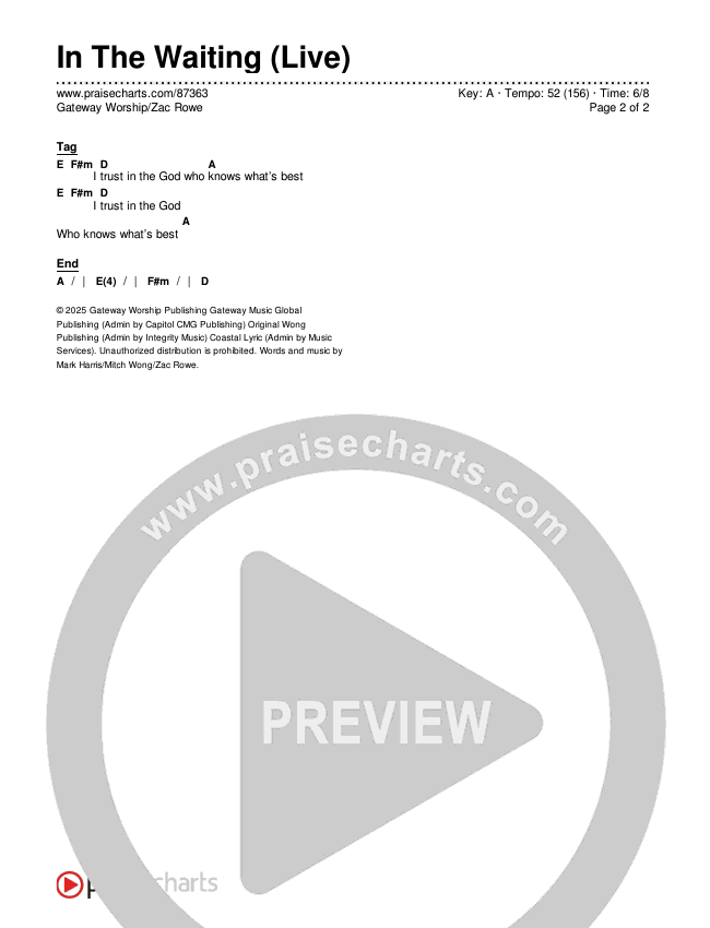 In The Waiting (Live) Chords & Lyrics (Gateway Worship / Zac Rowe)