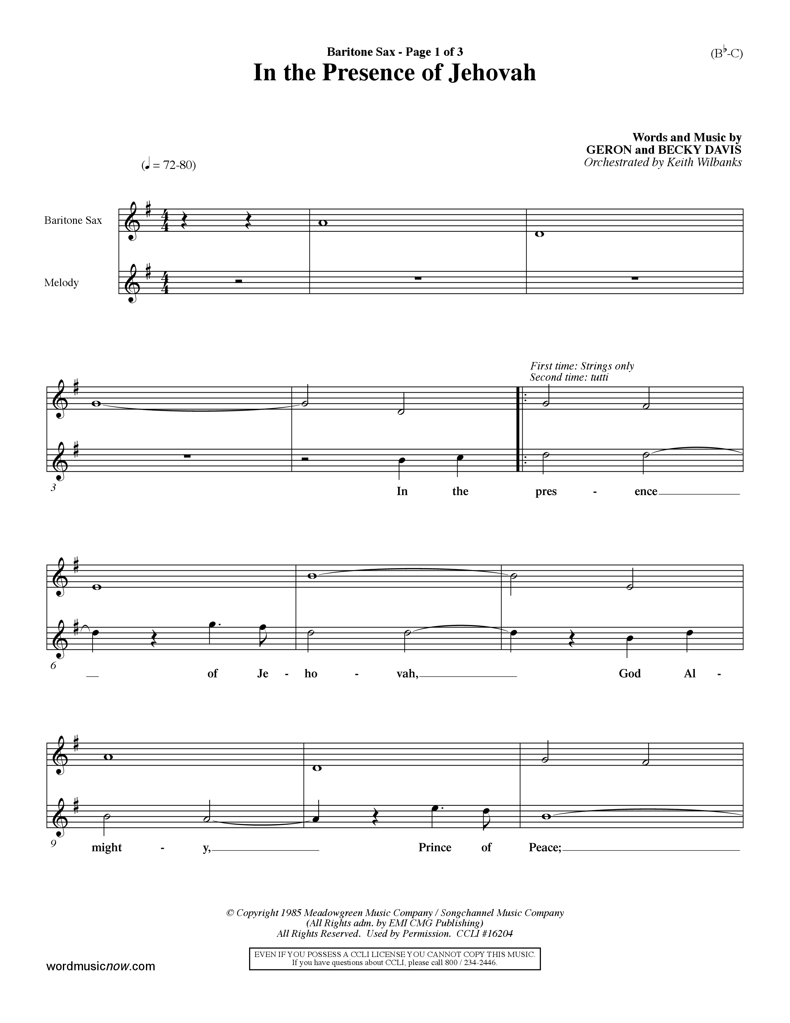 In The Presence Of Jehovah Bari Sax (Word Music / Orch. Keith Wilbanks)