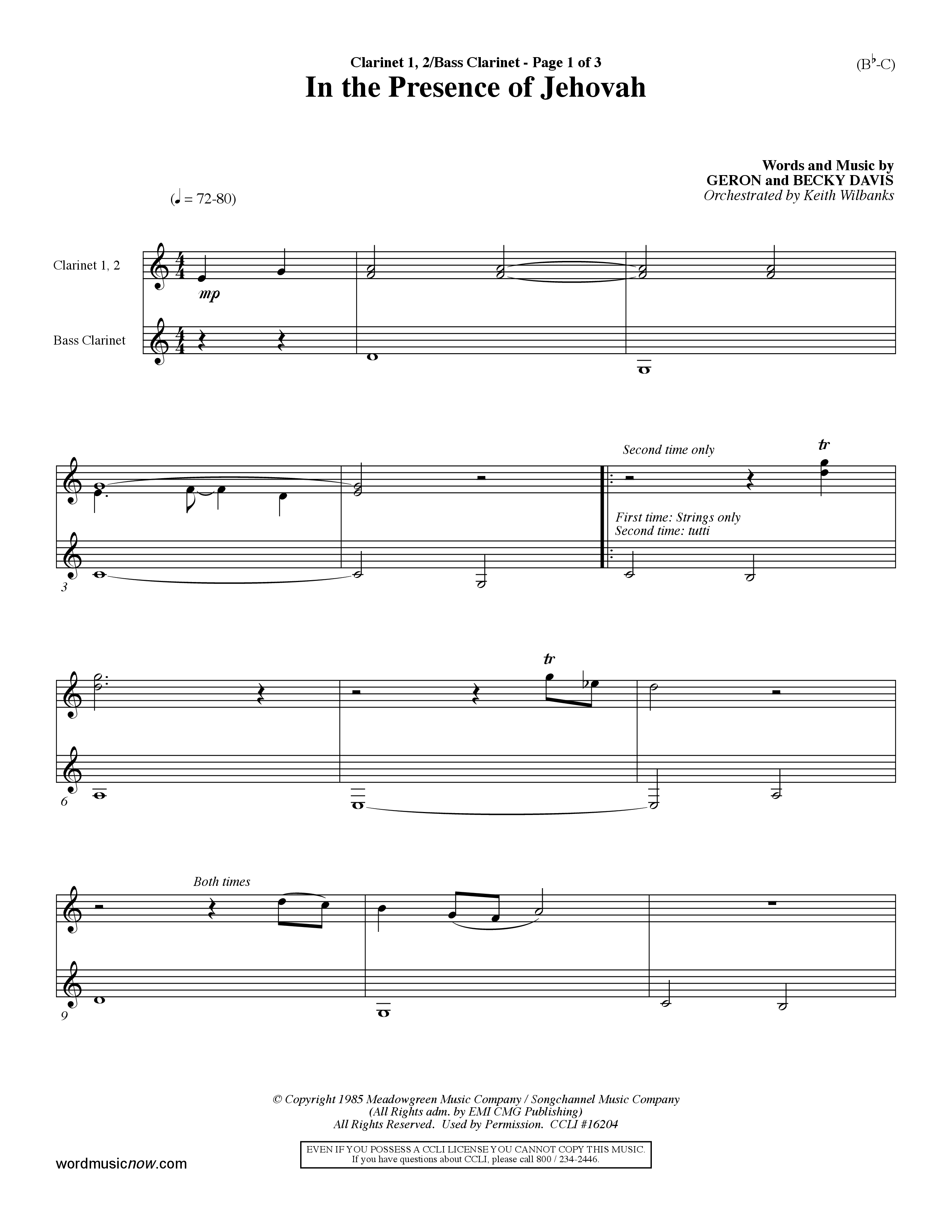 In The Presence Of Jehovah Clarinet (Word Music / Orch. Keith Wilbanks)