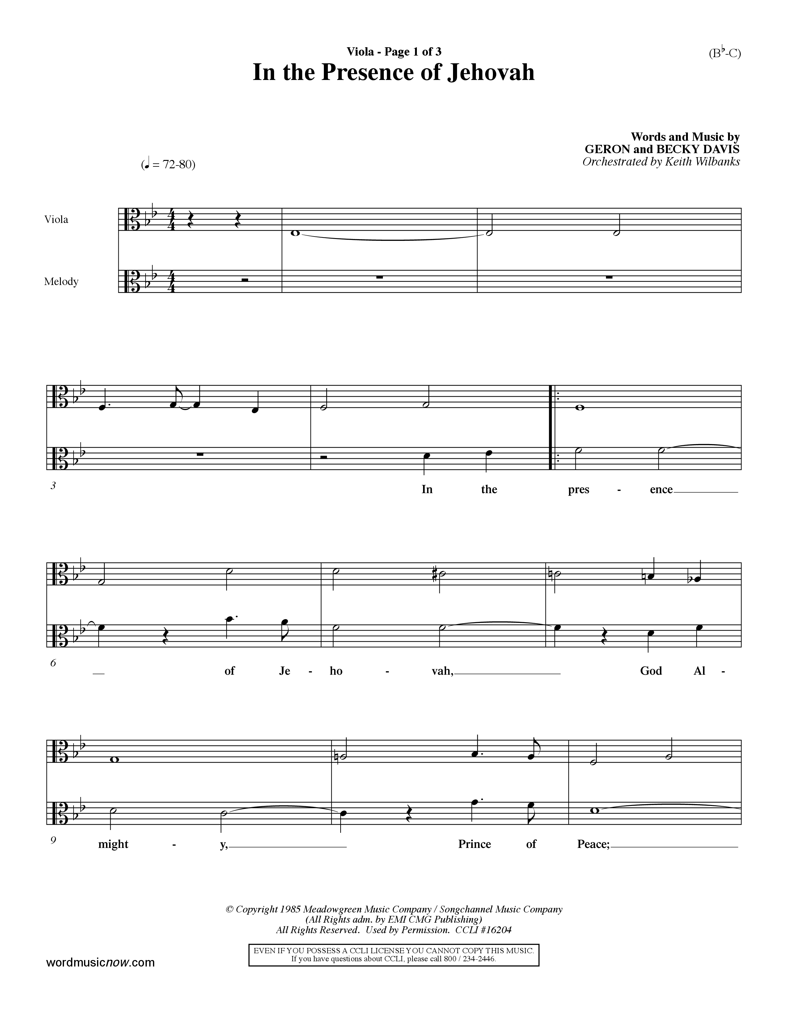 In The Presence Of Jehovah Viola (Word Music / Orch. Keith Wilbanks)