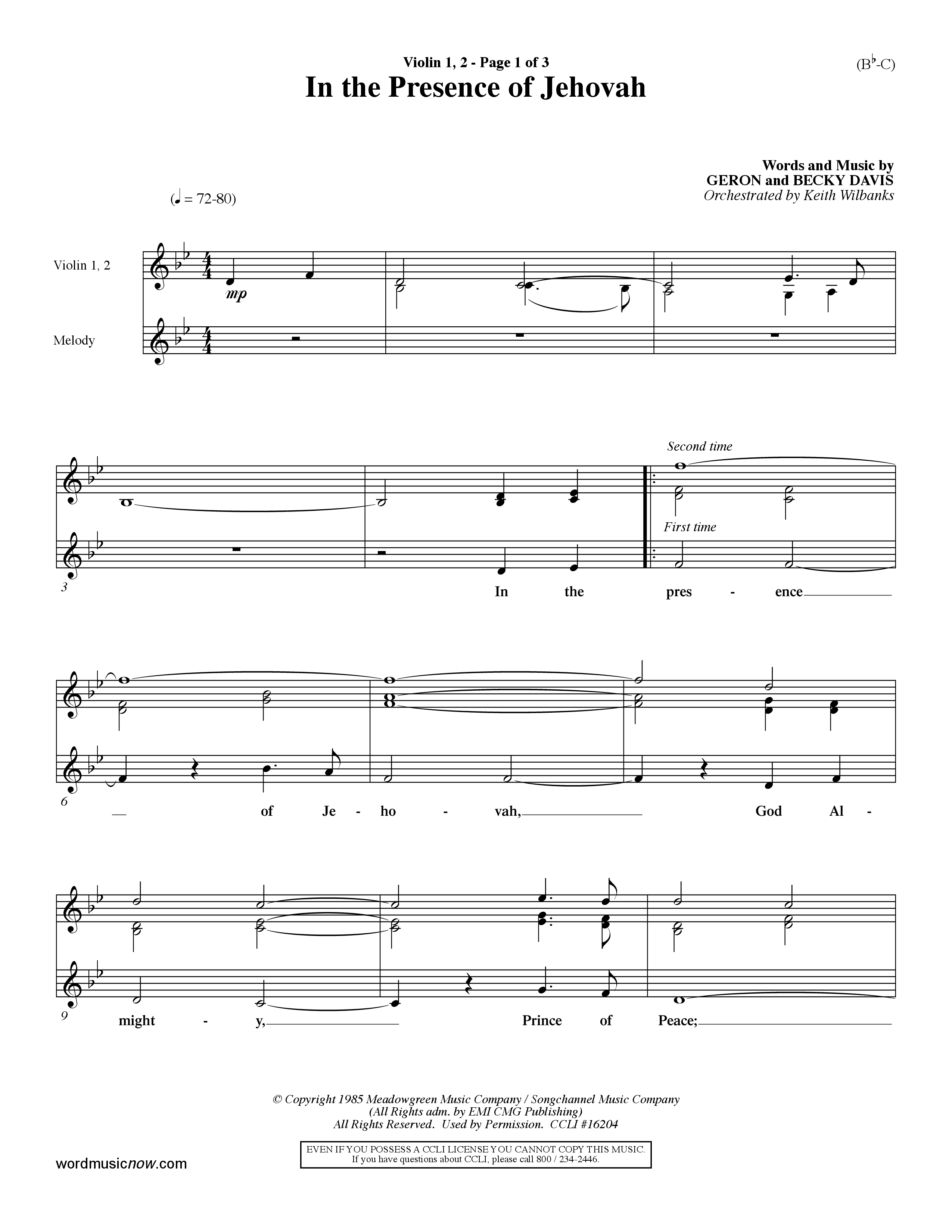 In The Presence Of Jehovah Violin 1/2 (Word Music / Orch. Keith Wilbanks)