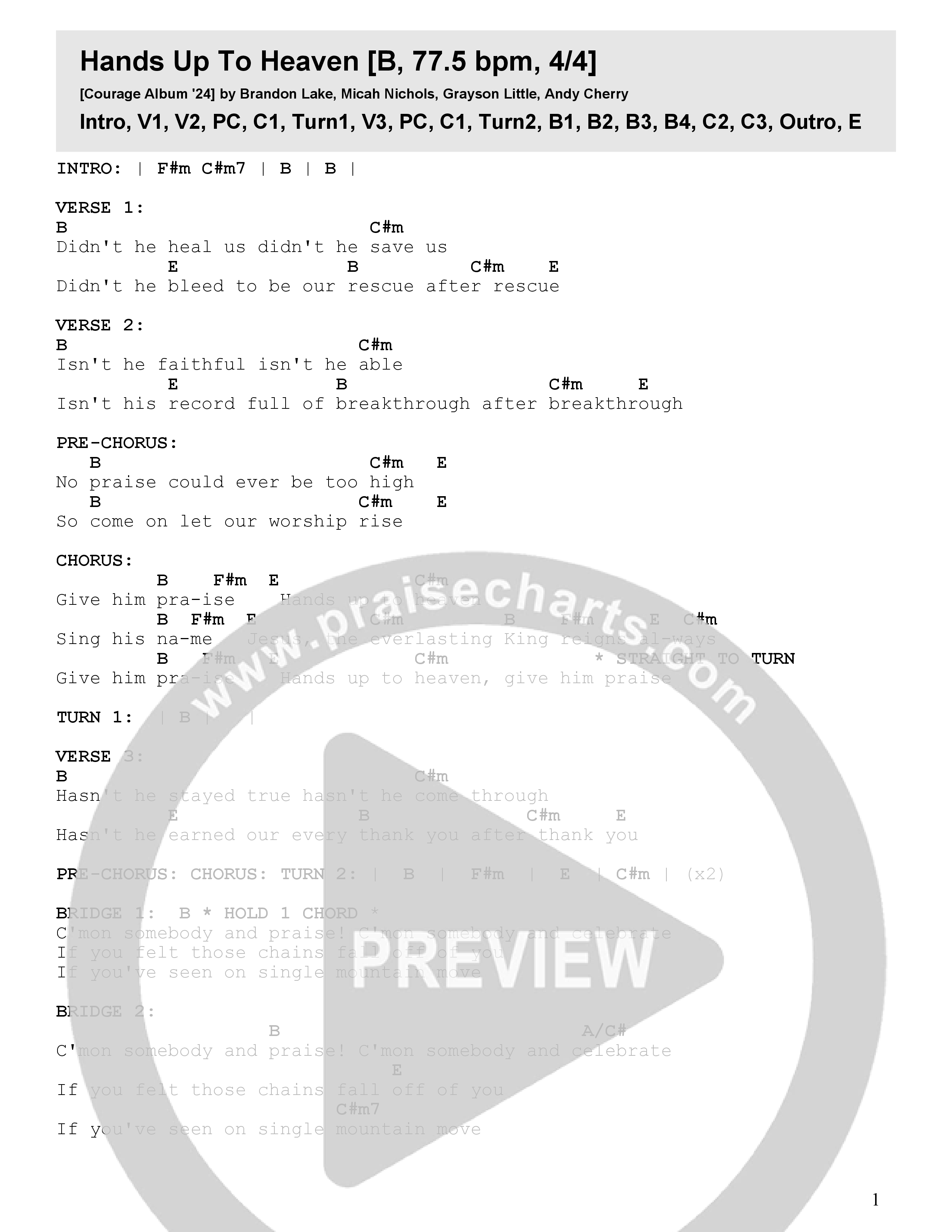 Hands Up To Heaven (Live) Chord Chart (Seacoast / Brandon Lake)