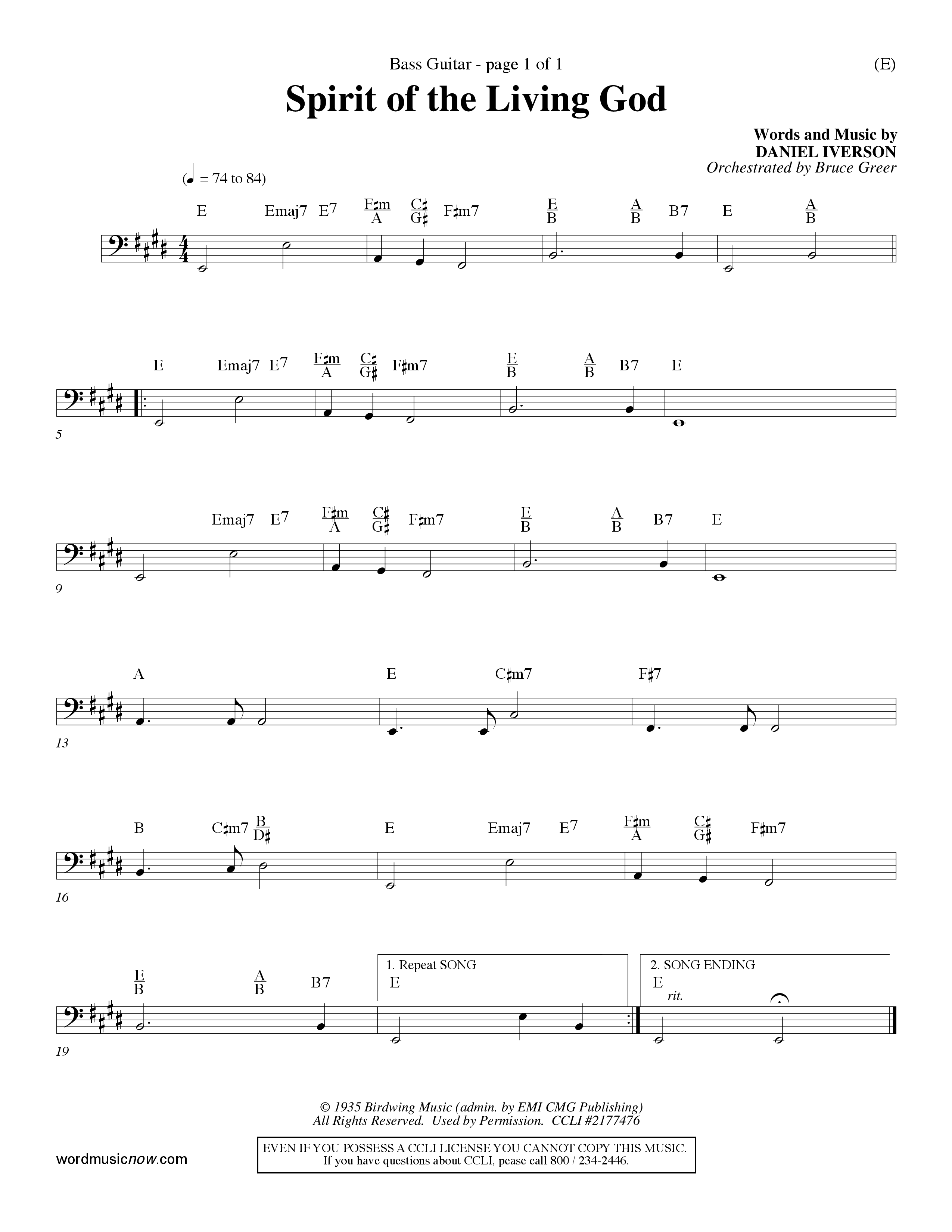 Spirit Of The Living God (Choral Anthem SATB) Bass Guitar (Word Music Choral / Orch. Bruce Greer)