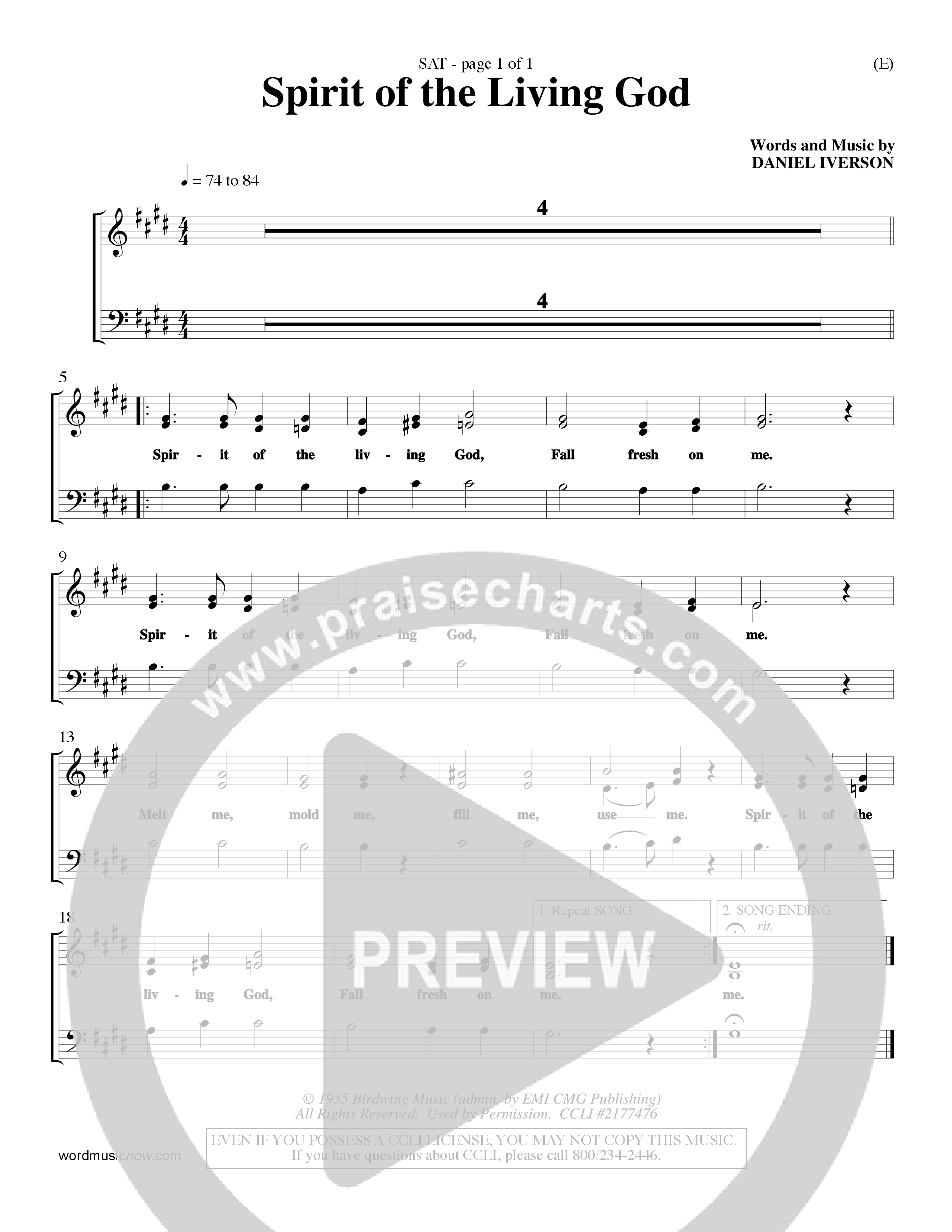 Spirit Of The Living God (Choral Anthem SATB) Lead Sheet (SAT) (Word Music Choral / Orch. Bruce Greer)
