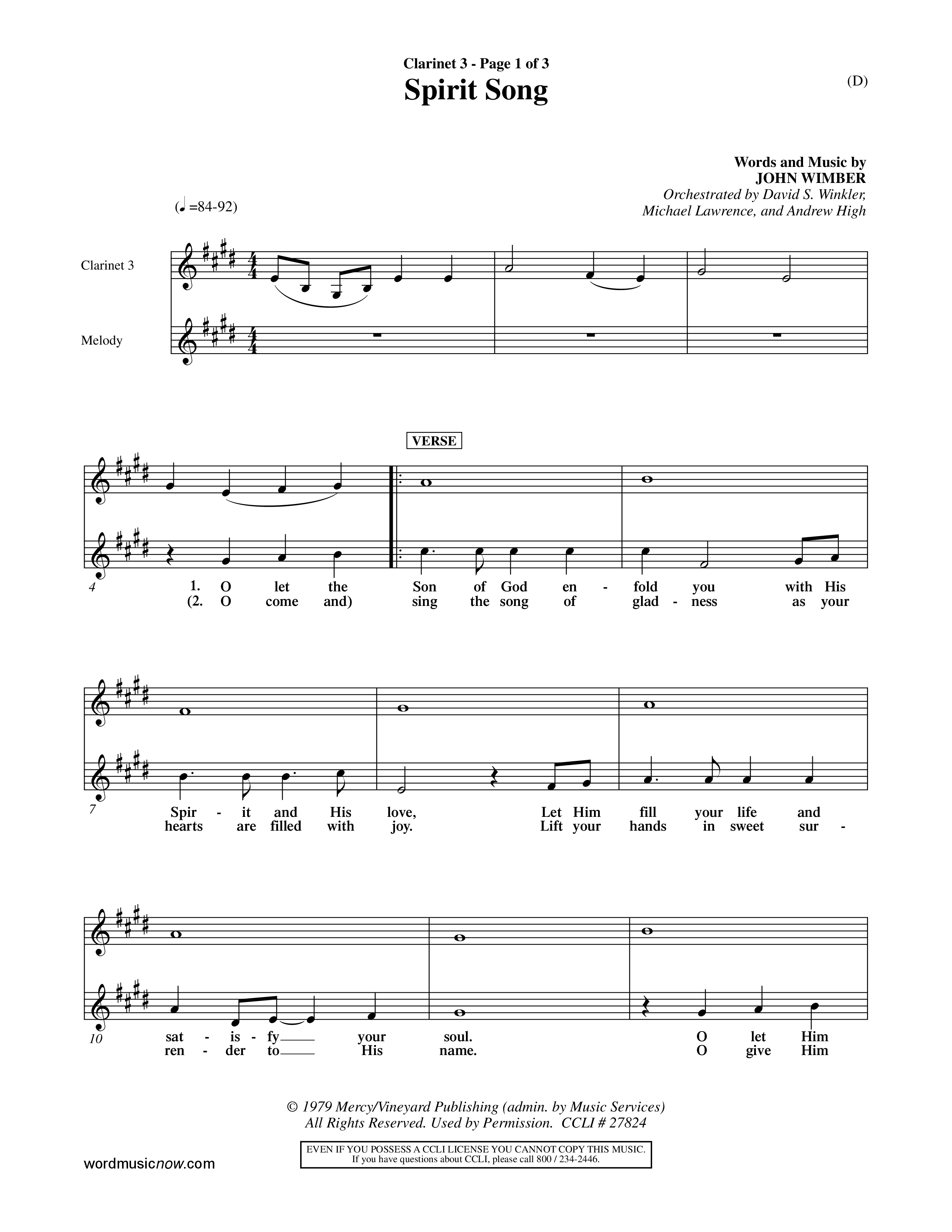 Spirit Song (Choral Anthem SATB) Clarinet 3 (Word Music Choral / Orch. David Winkler / Orch. Michael Lawrence / Orch. Andrew High)