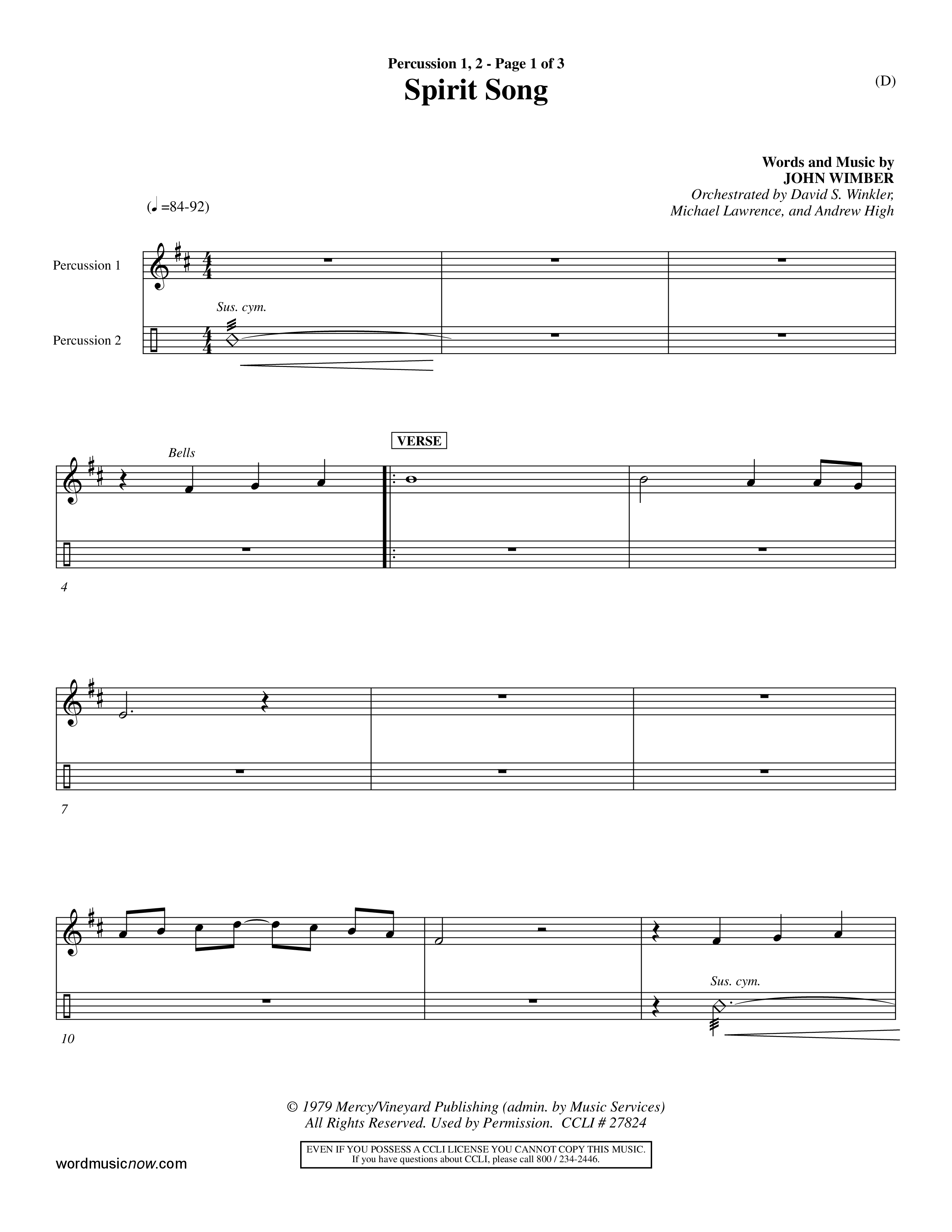 Spirit Song (Choral Anthem SATB) Percussion 1/2 (Word Music Choral / Orch. David Winkler / Orch. Michael Lawrence / Orch. Andrew High)