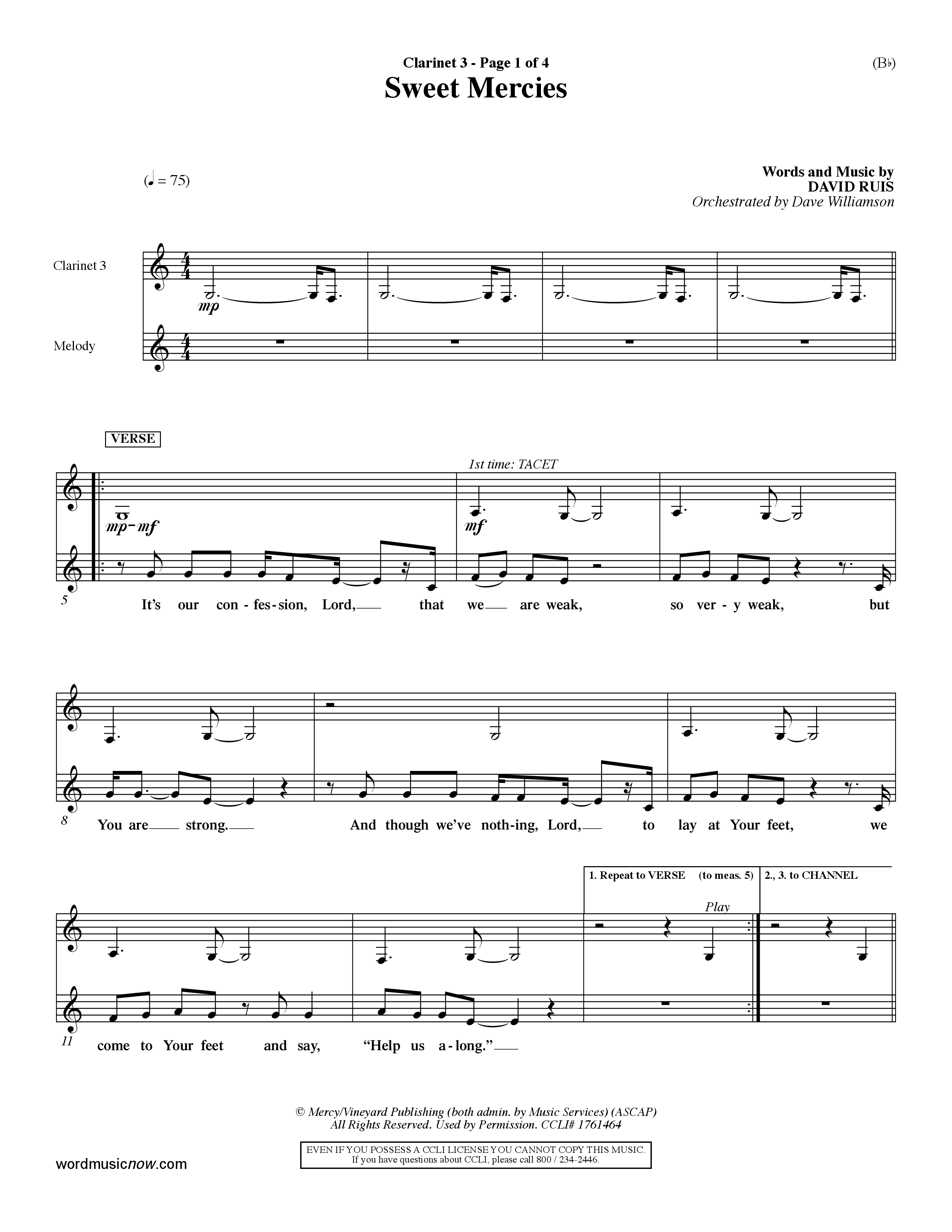 Sweet Mercies (Choral Anthem SATB) Clarinet 3 (Word Music Choral / Orch. Dave Williamson)