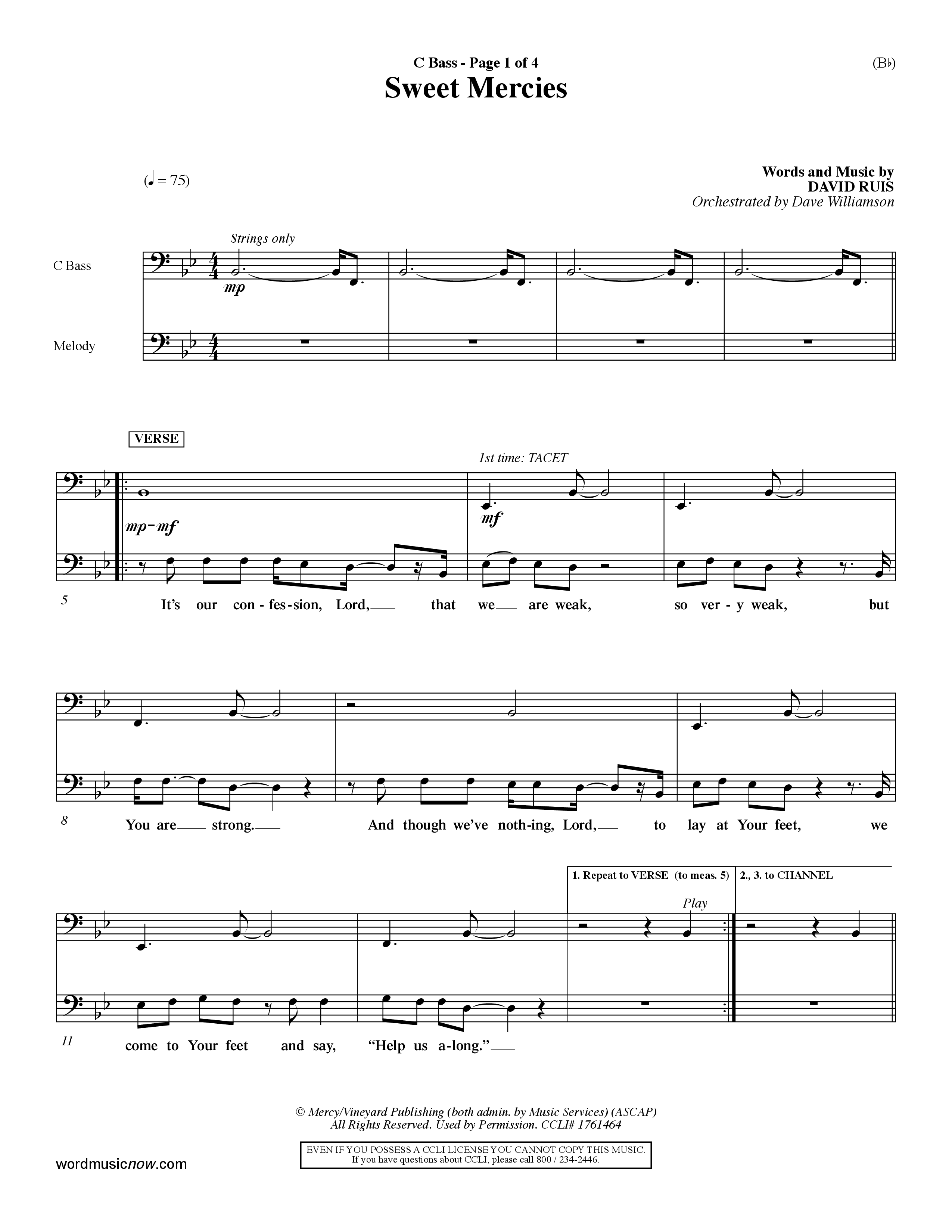 Sweet Mercies (Choral Anthem SATB) Contrabass (Word Music Choral / Orch. Dave Williamson)