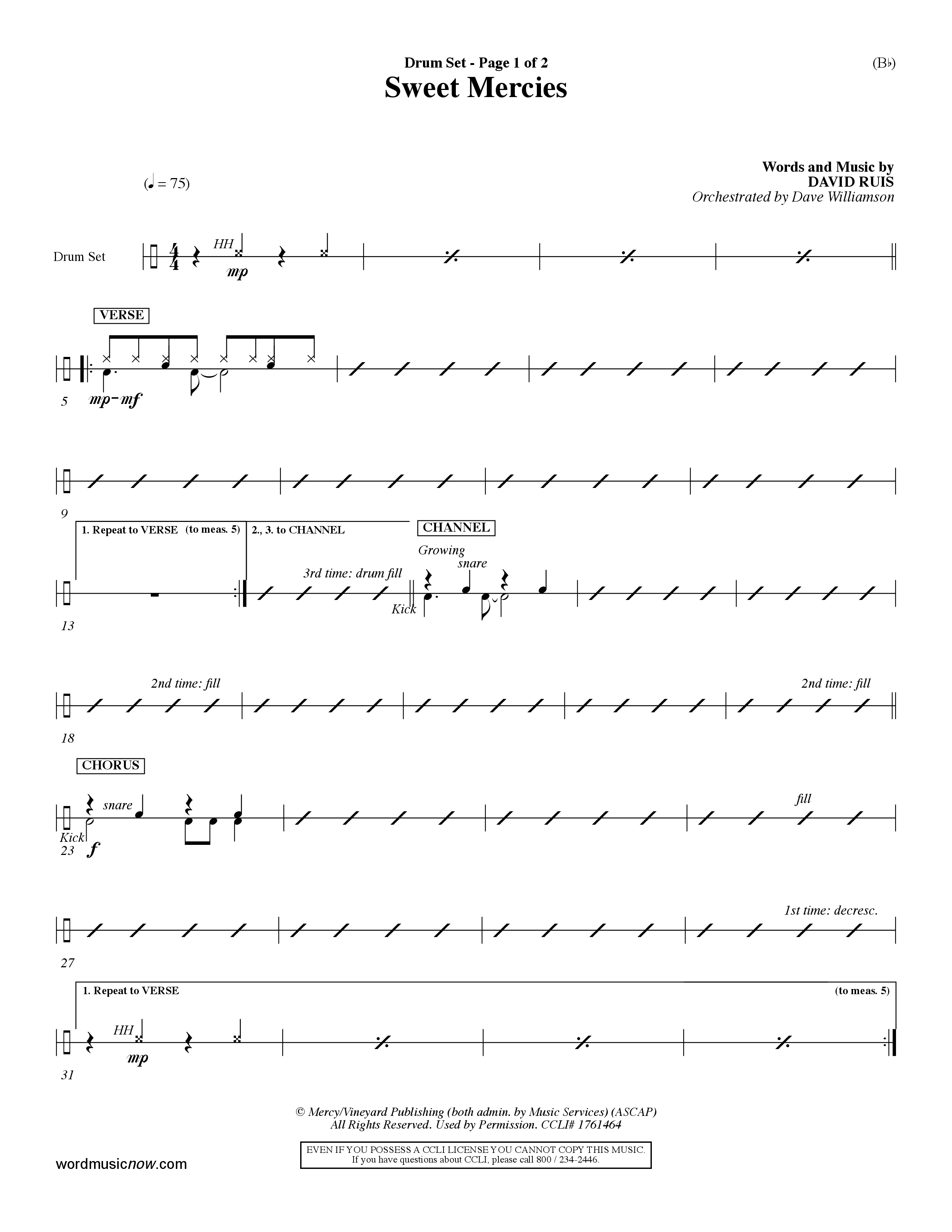 Sweet Mercies (Choral Anthem SATB) Drum Set (Word Music Choral / Orch. Dave Williamson)